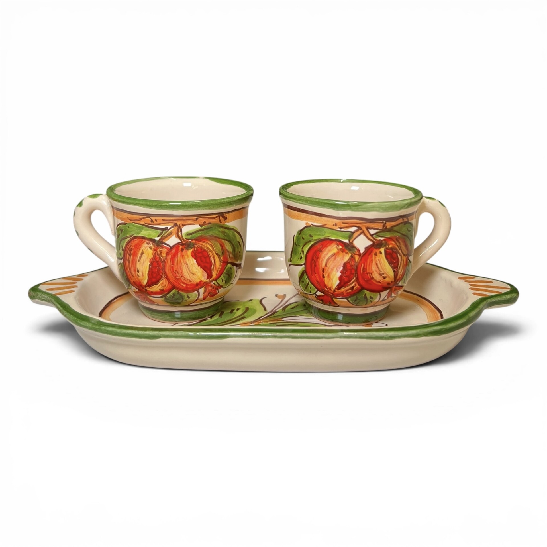 Set caffè due tazzine tête-à-tête con vassoio decoro melograni popolare in ceramica siciliana Produzione artigianale di Santo Stefano di Camastra lunghezza 20cm