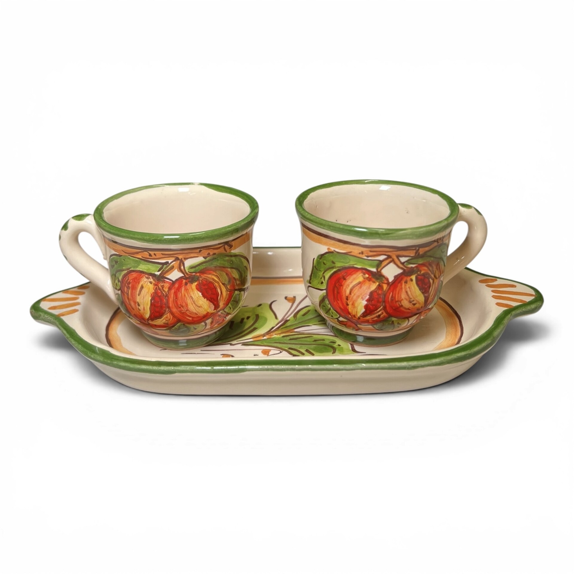 Set caffè due tazzine tête-à-tête con vassoio decoro melograni popolare in ceramica siciliana Produzione artigianale di Santo Stefano di Camastra lunghezza 20cm