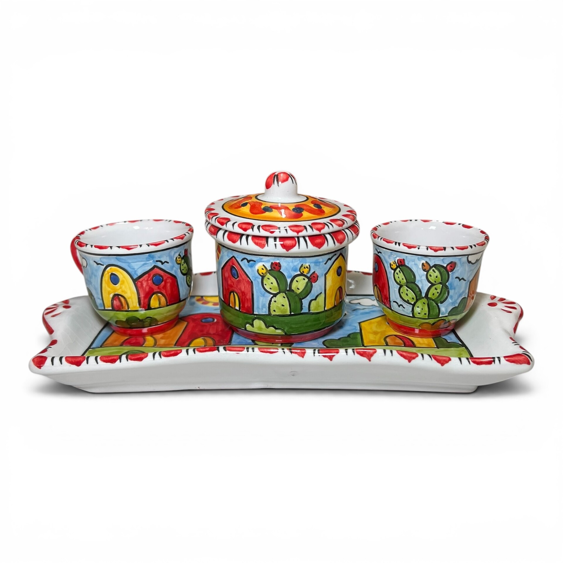 Set caffè due tazzine tête-à-tête con vassoio e zuccheriera decoro naif case e fichi d'india Produzione artigianale di Santo Stefano di Camastra lunghezza 30cm
