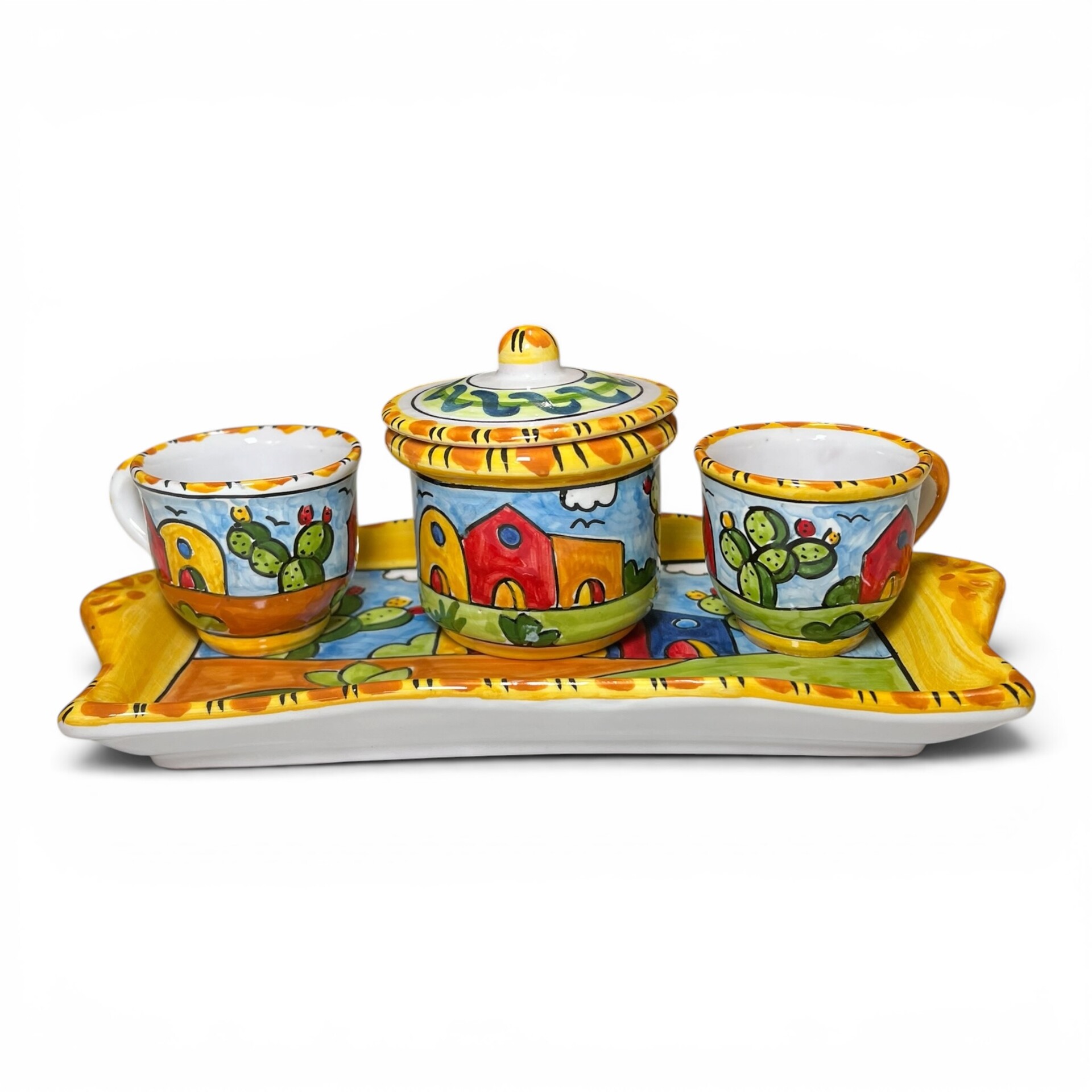 Set caffè due tazzine tête-à-tête con vassoio e zuccheriera decoro naif case e fichi d'india Produzione artigianale di Santo Stefano di Camastra lunghezza 30cm