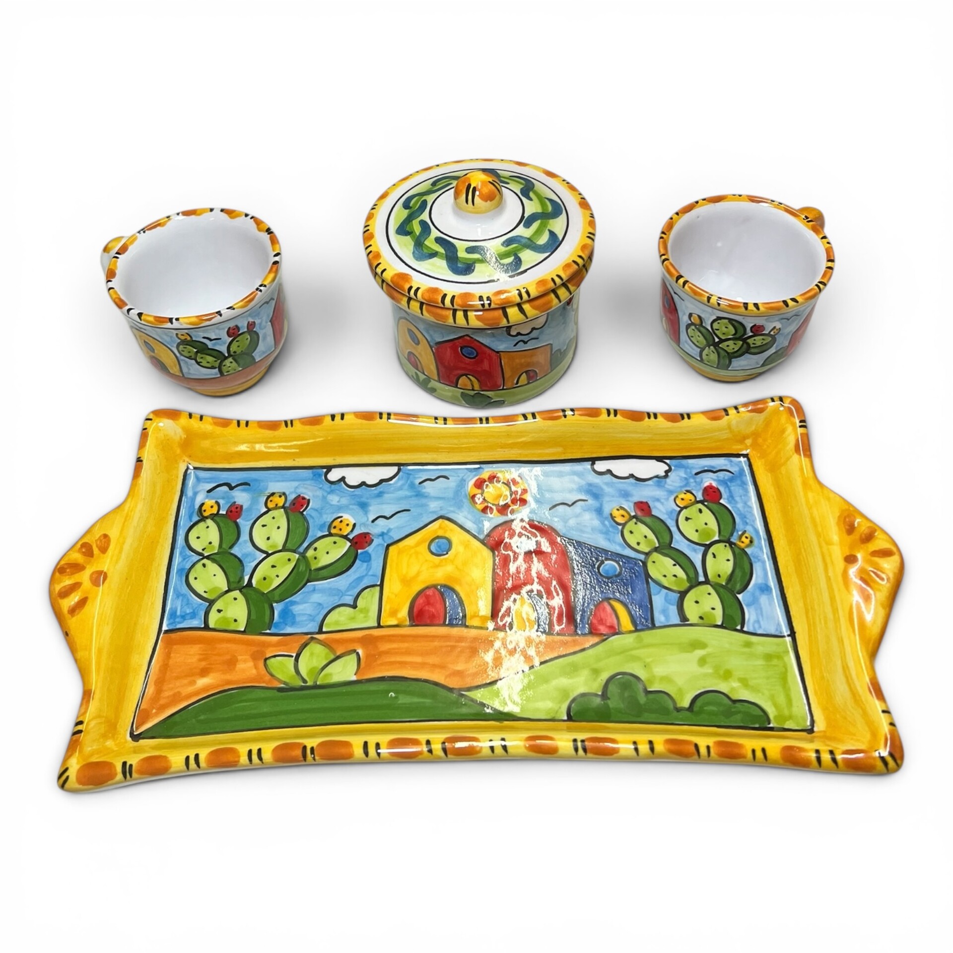Set caffè due tazzine tête-à-tête con vassoio e zuccheriera decoro naif case e fichi d'india Produzione artigianale di Santo Stefano di Camastra lunghezza 30cm