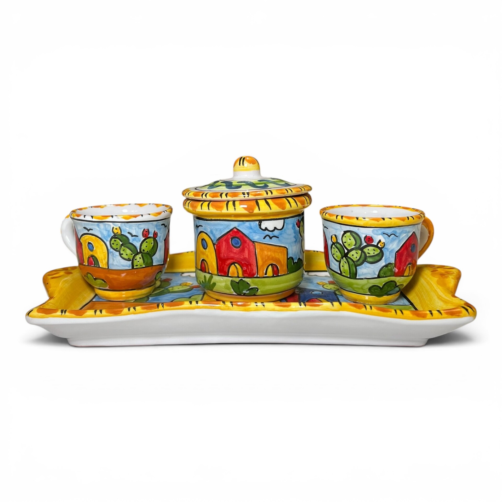 Set caffè due tazzine tête-à-tête con vassoio e zuccheriera decoro naif case e fichi d'india Produzione artigianale di Santo Stefano di Camastra lunghezza 30cm