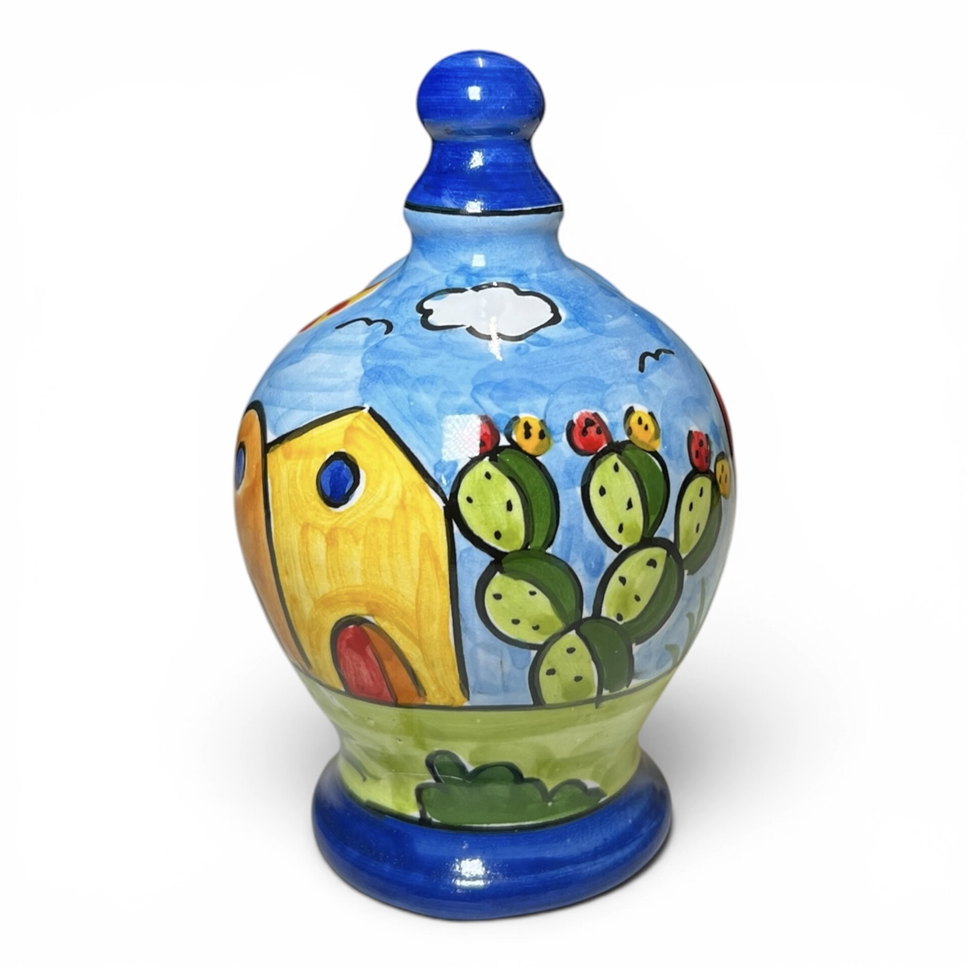 Saliera a salvadanaio piccola decoro naif case e fichi d'india in ceramica siciliana Produzione artigianale di Santo Stefano di Camastra h.15cm