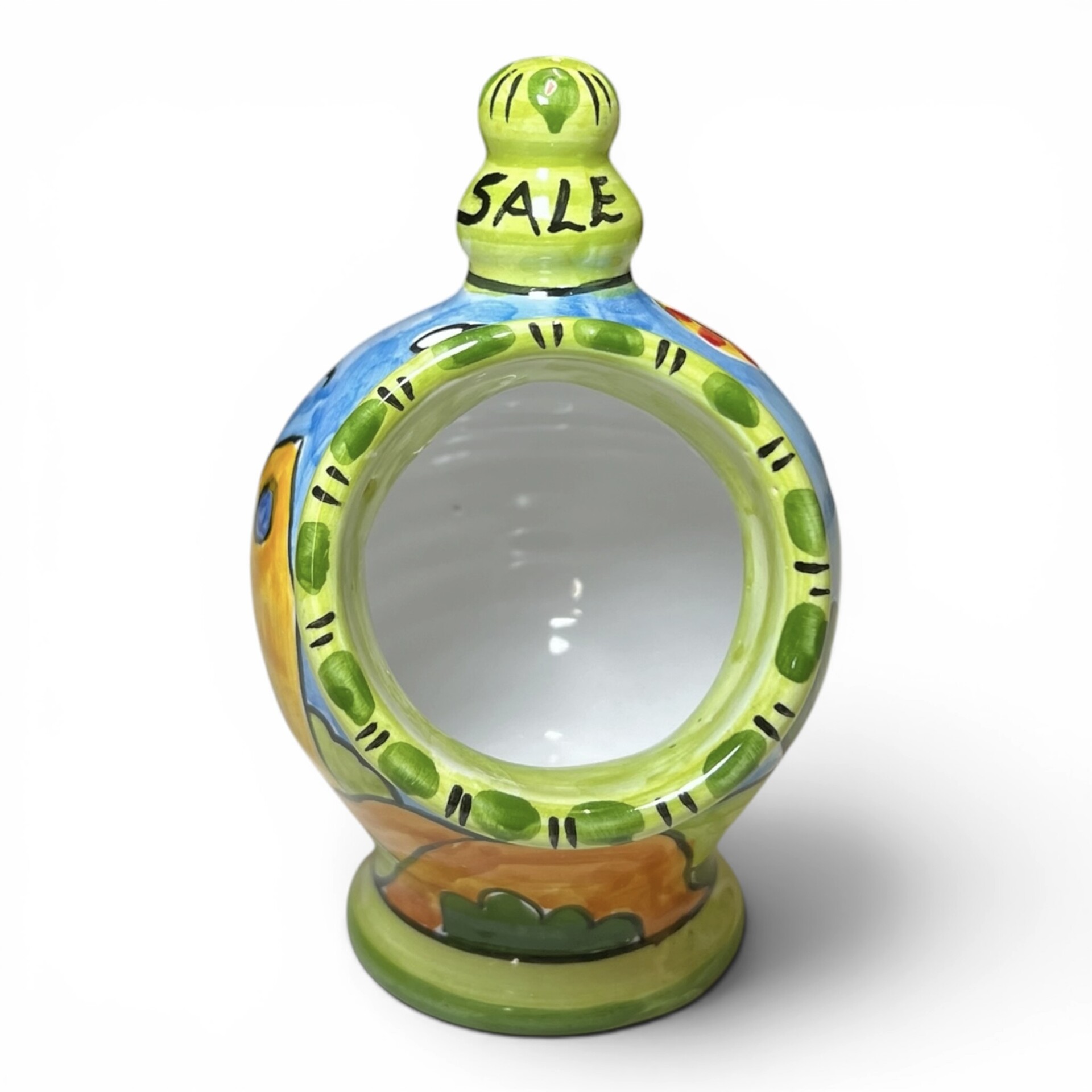 Saliera a salvadanaio piccola decoro naif case e fichi d'india in ceramica siciliana Produzione artigianale di Santo Stefano di Camastra h.15cm
