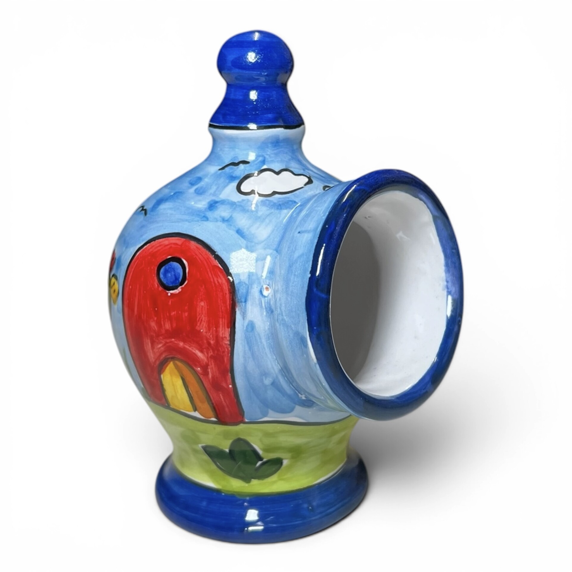 Saliera a salvadanaio piccola decoro naif case e fichi d'india in ceramica siciliana Produzione artigianale di Santo Stefano di Camastra h.15cm