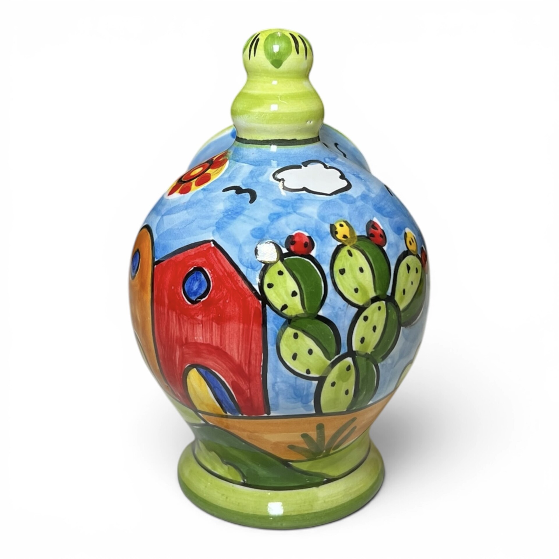Saliera a salvadanaio piccola decoro naif case e fichi d'india in ceramica siciliana Produzione artigianale di Santo Stefano di Camastra h.15cm