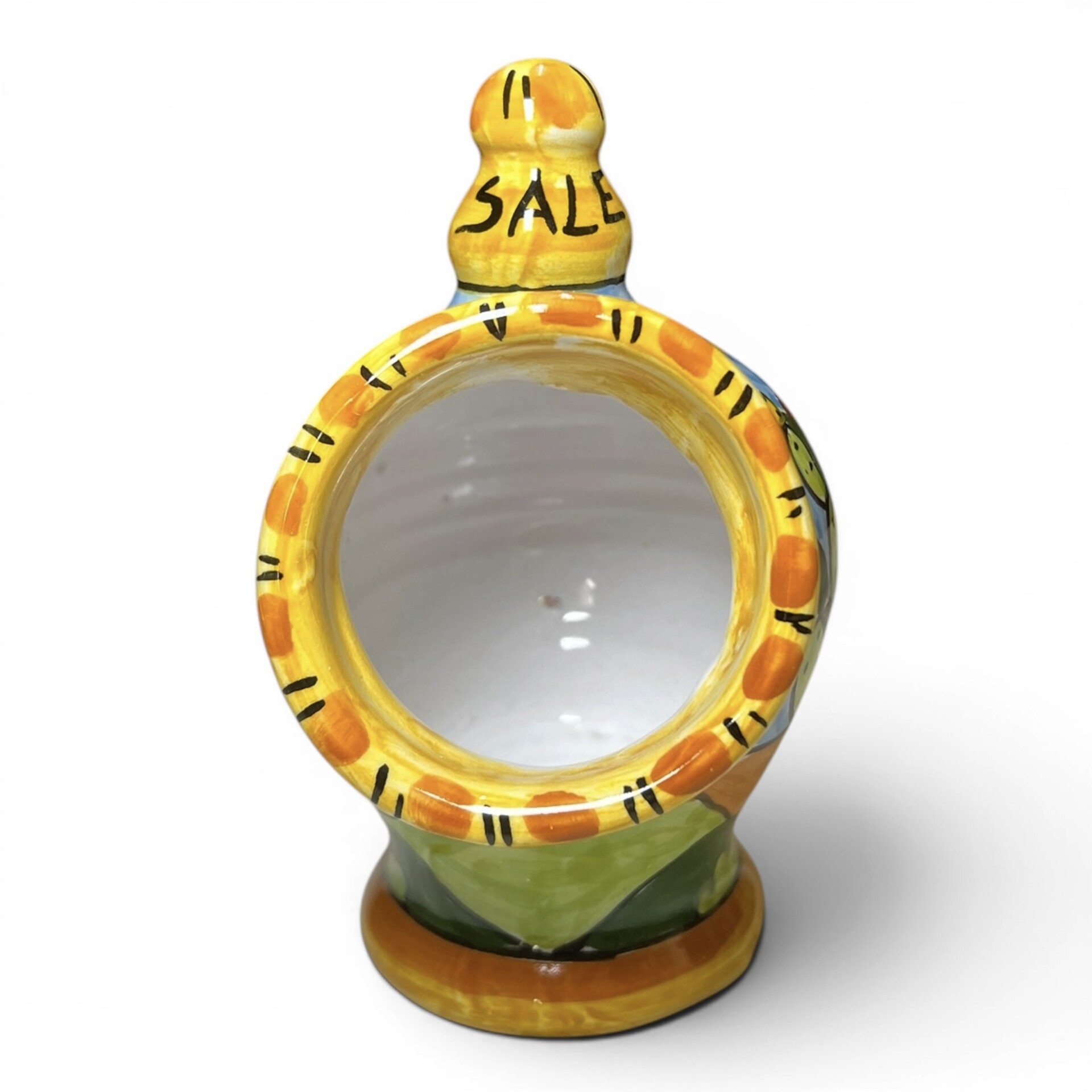 Saliera a salvadanaio piccola decoro naif case e fichi d'india in ceramica siciliana Produzione artigianale di Santo Stefano di Camastra h.15cm