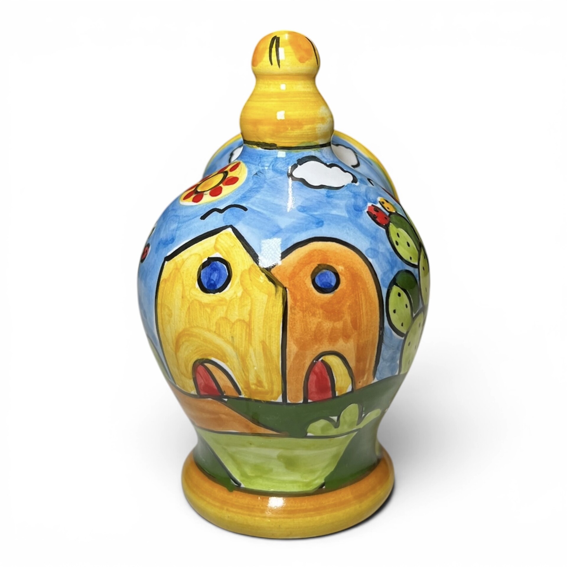 Saliera a salvadanaio piccola decoro naif case e fichi d'india in ceramica siciliana Produzione artigianale di Santo Stefano di Camastra h.15cm