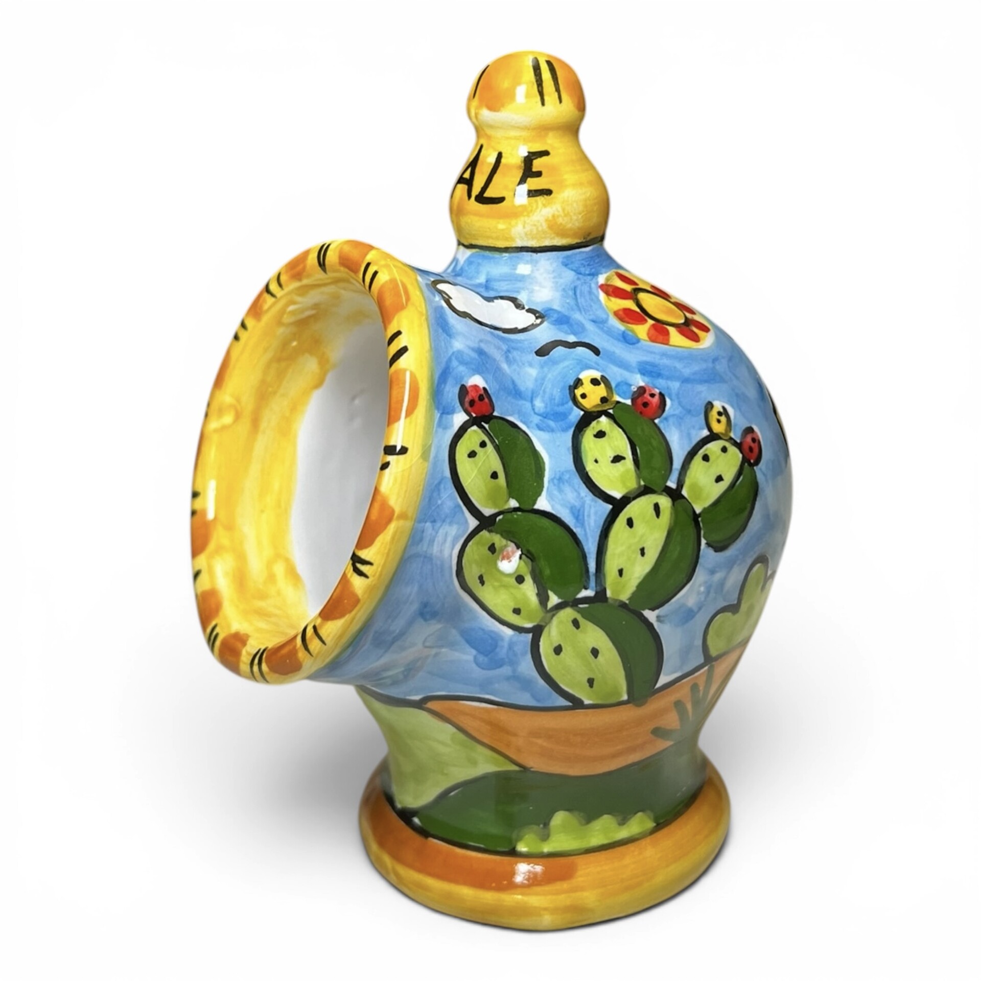 Saliera a salvadanaio piccola decoro naif case e fichi d'india in ceramica siciliana Produzione artigianale di Santo Stefano di Camastra h.15cm