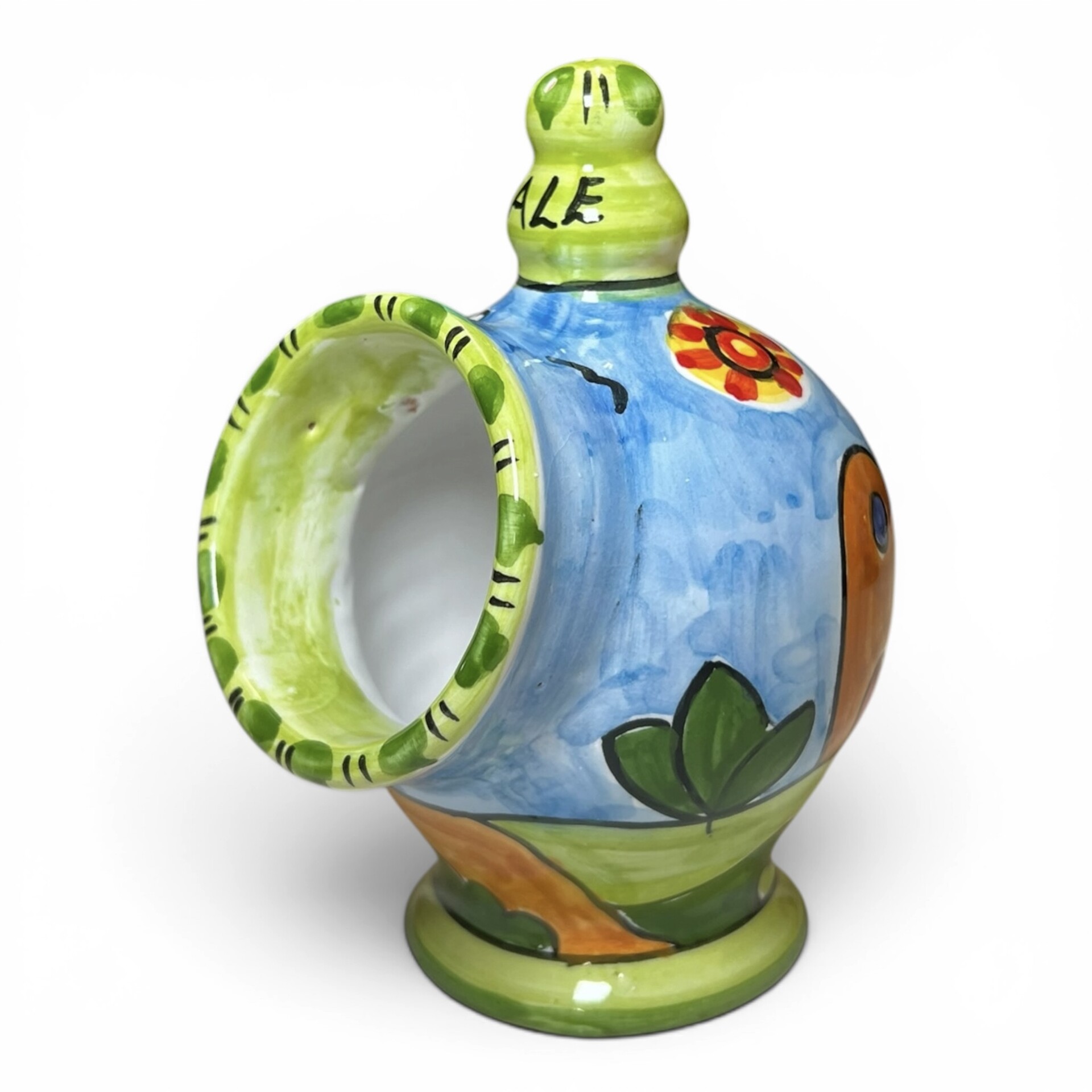 Saliera a salvadanaio piccola decoro naif case e fichi d'india in ceramica siciliana Produzione artigianale di Santo Stefano di Camastra h.15cm