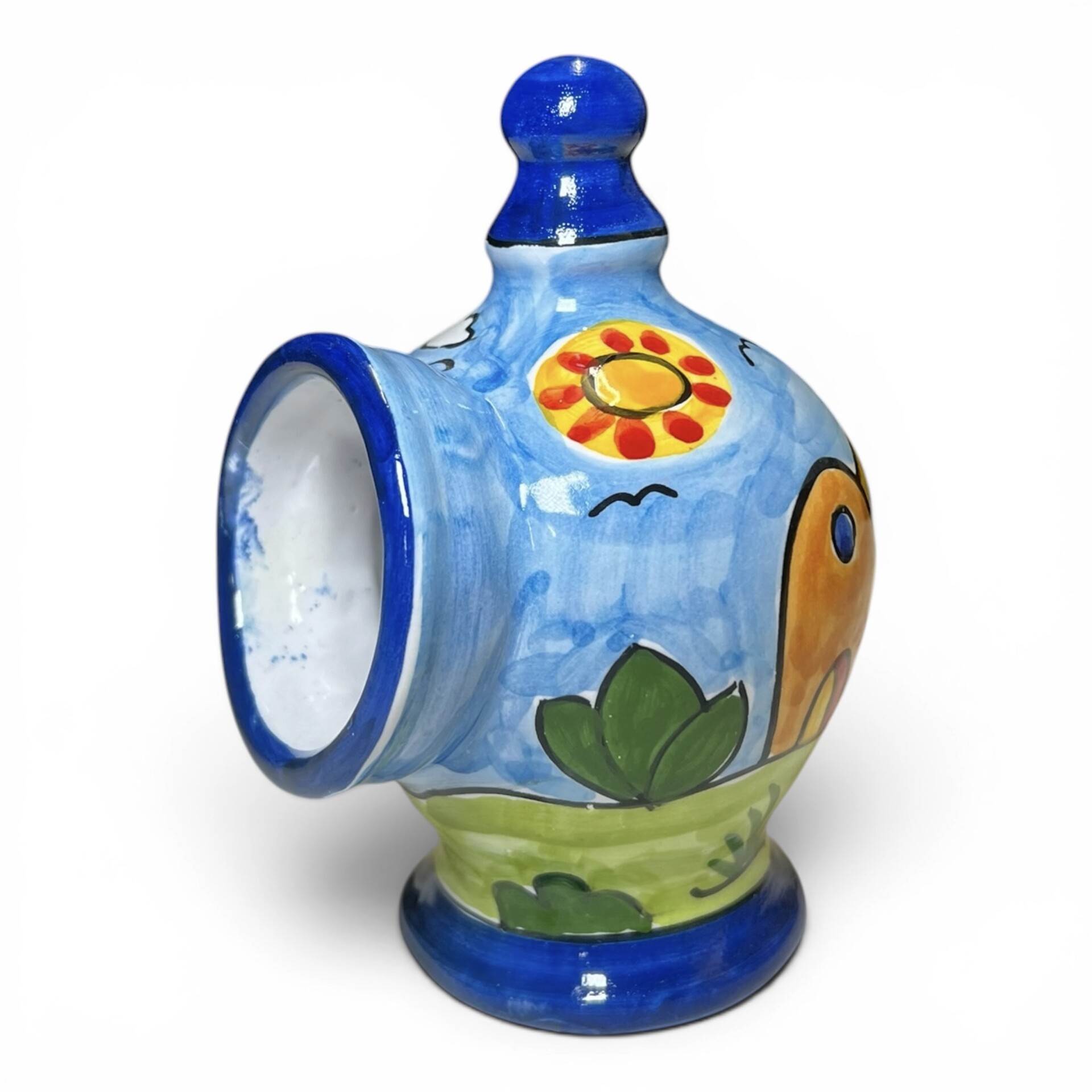 Saliera a salvadanaio piccola decoro naif case e fichi d'india in ceramica siciliana Produzione artigianale di Santo Stefano di Camastra h.15cm