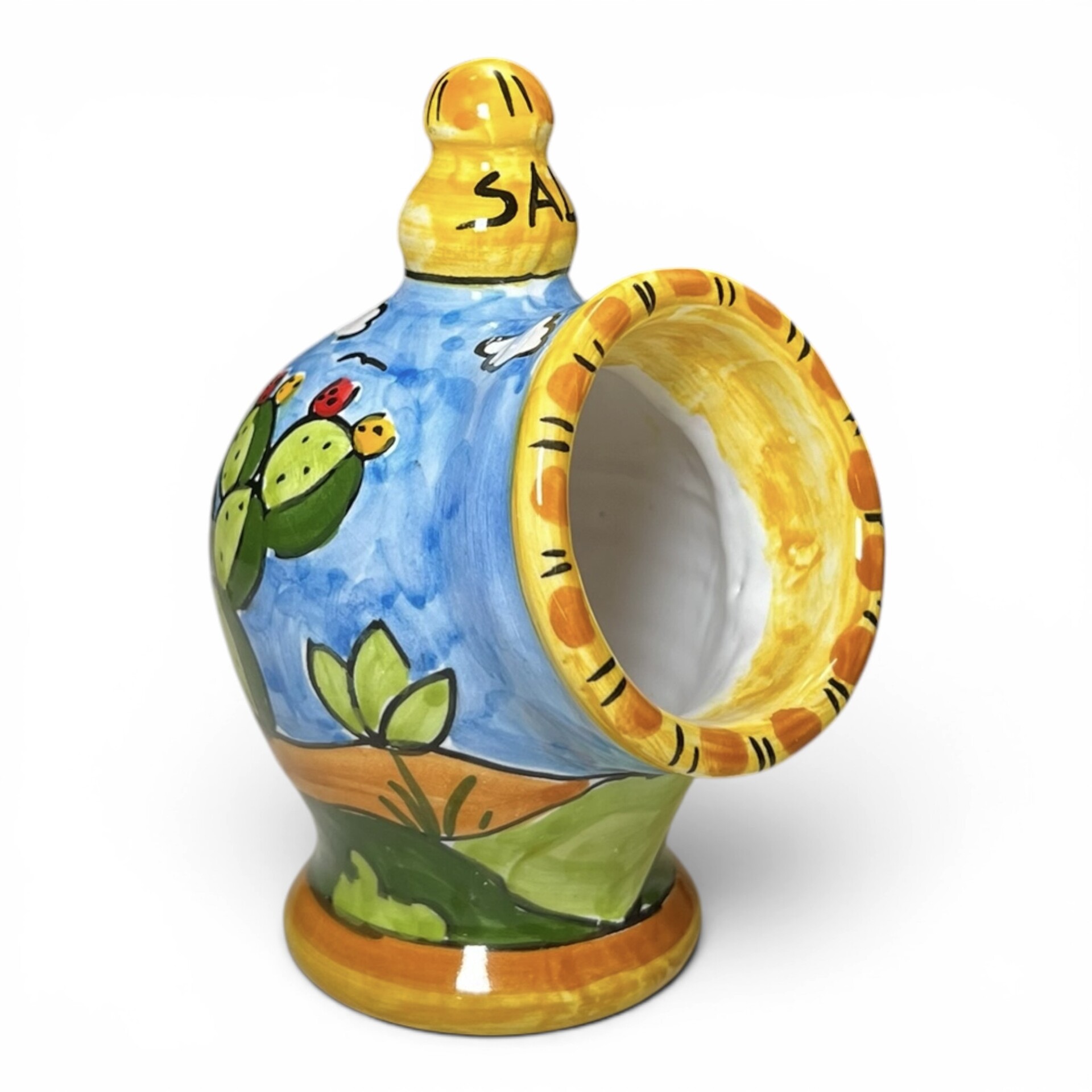 Saliera a salvadanaio piccola decoro naif case e fichi d'india in ceramica siciliana Produzione artigianale di Santo Stefano di Camastra h.15cm