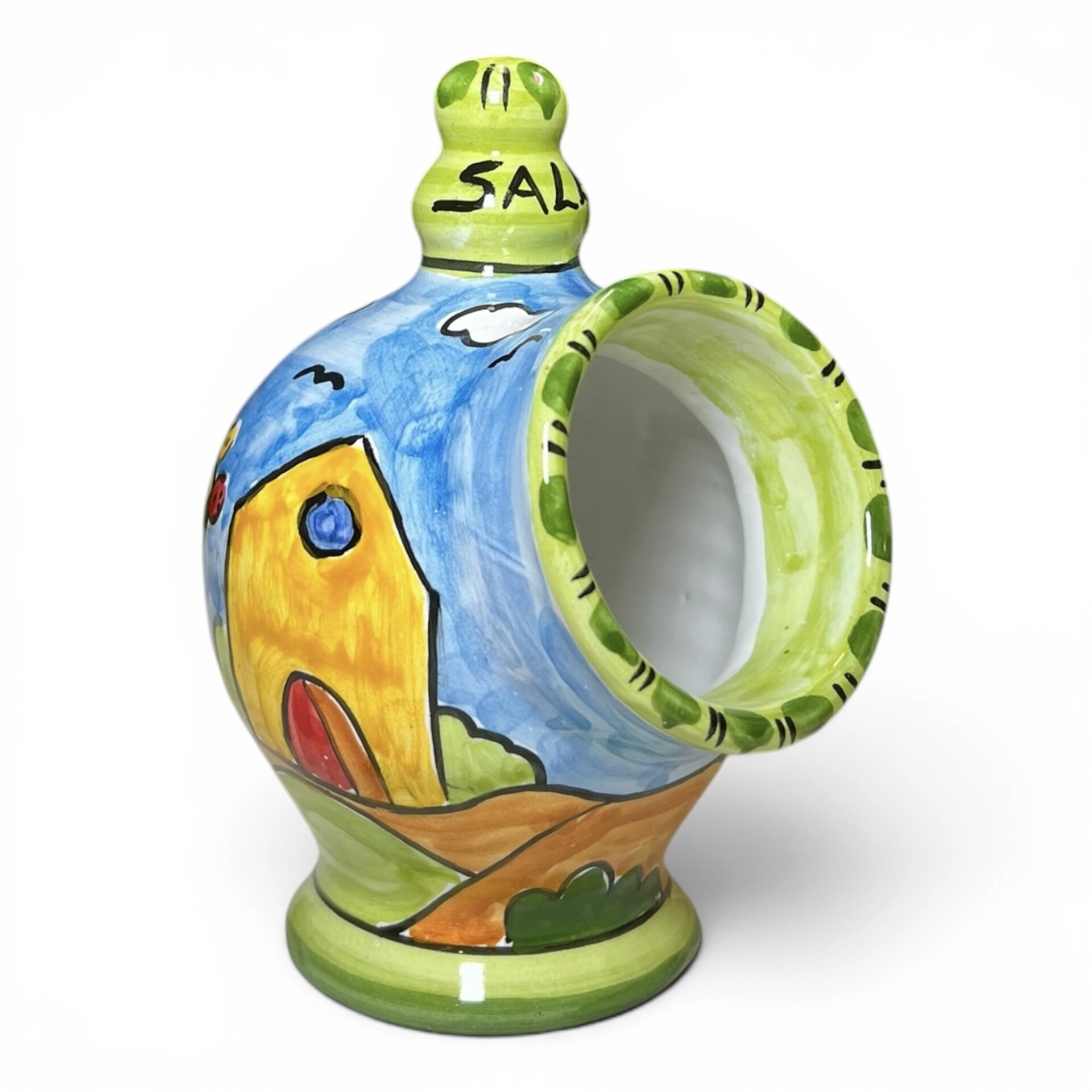 Saliera a salvadanaio piccola decoro naif case e fichi d'india in ceramica siciliana Produzione artigianale di Santo Stefano di Camastra h.15cm