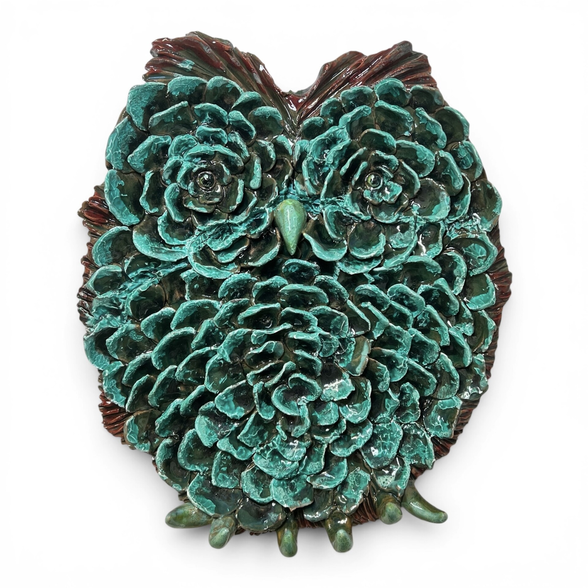 Gufo portachiavi da parete decoro verde ramina in ceramica siciliana Produzione artigianale di Palermo h.35cm