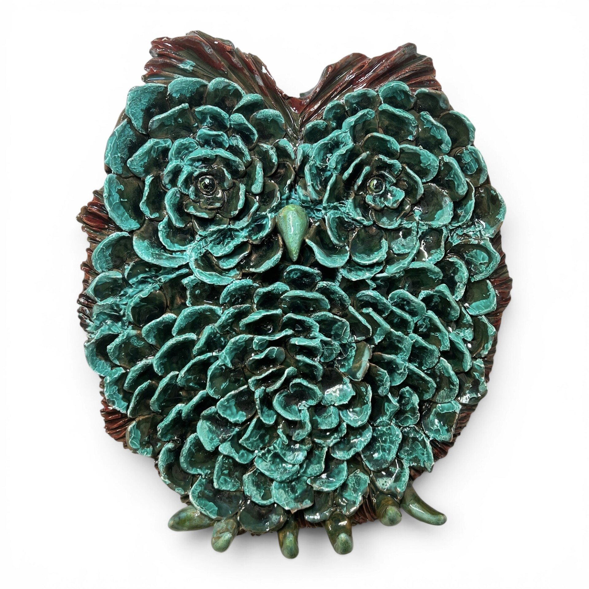 Gufo portachiavi da parete decoro verde ramina in ceramica siciliana Produzione artigianale di Palermo h.35cm