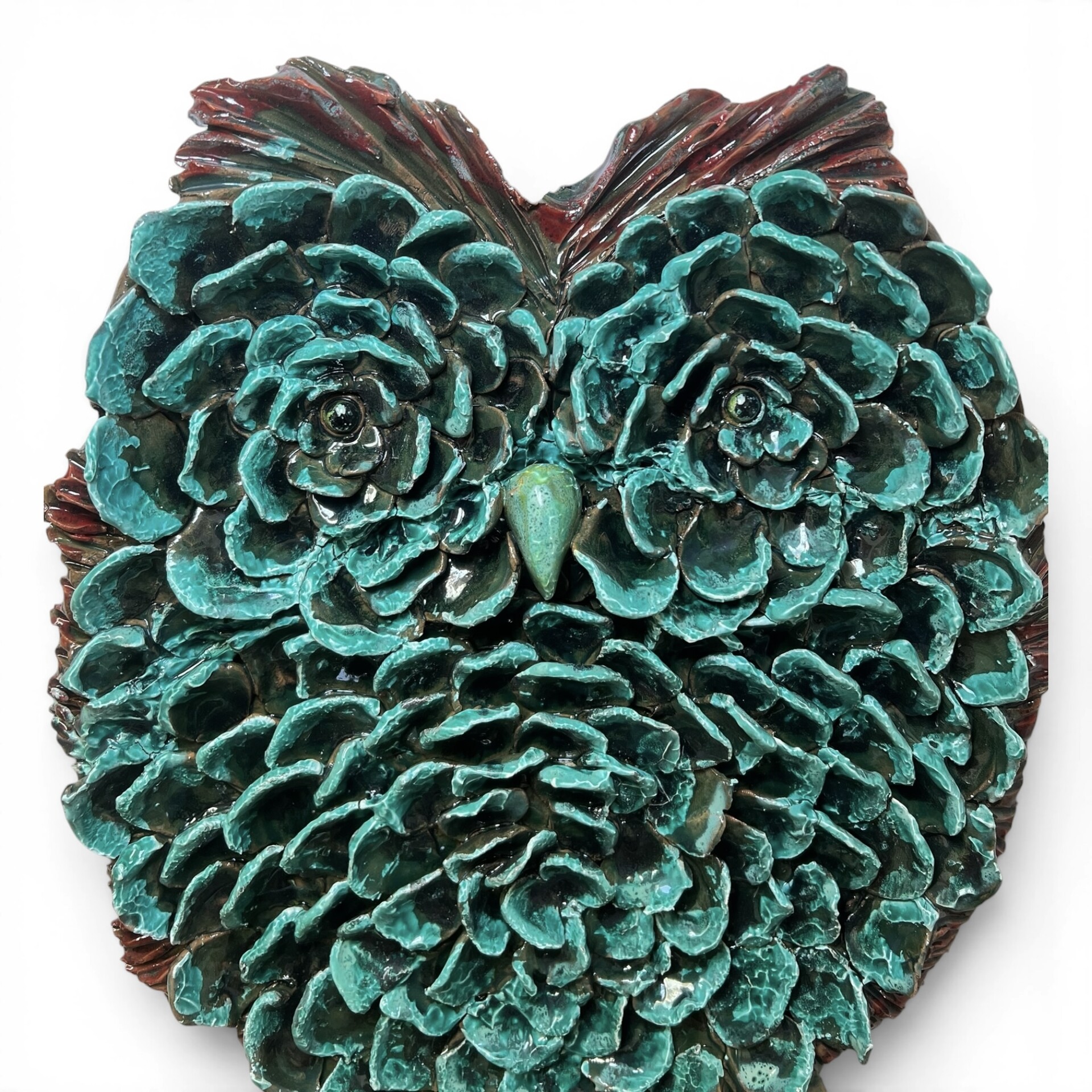 Gufo portachiavi da parete decoro verde ramina in ceramica siciliana Produzione artigianale di Palermo h.35cm