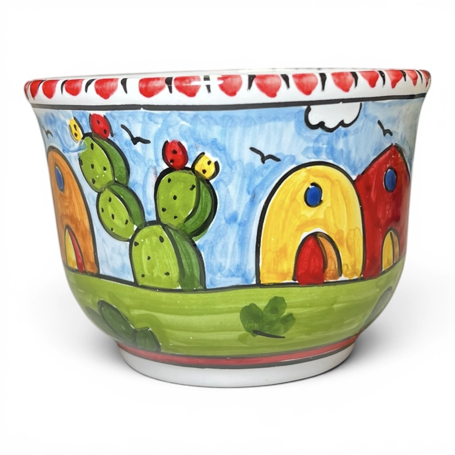 Tazza da latte, tè o tisana con manico decoro naif case e fichi d'india in ceramica siciliana Produzione artigianale di Santo Stefano di Camastra h.13cm