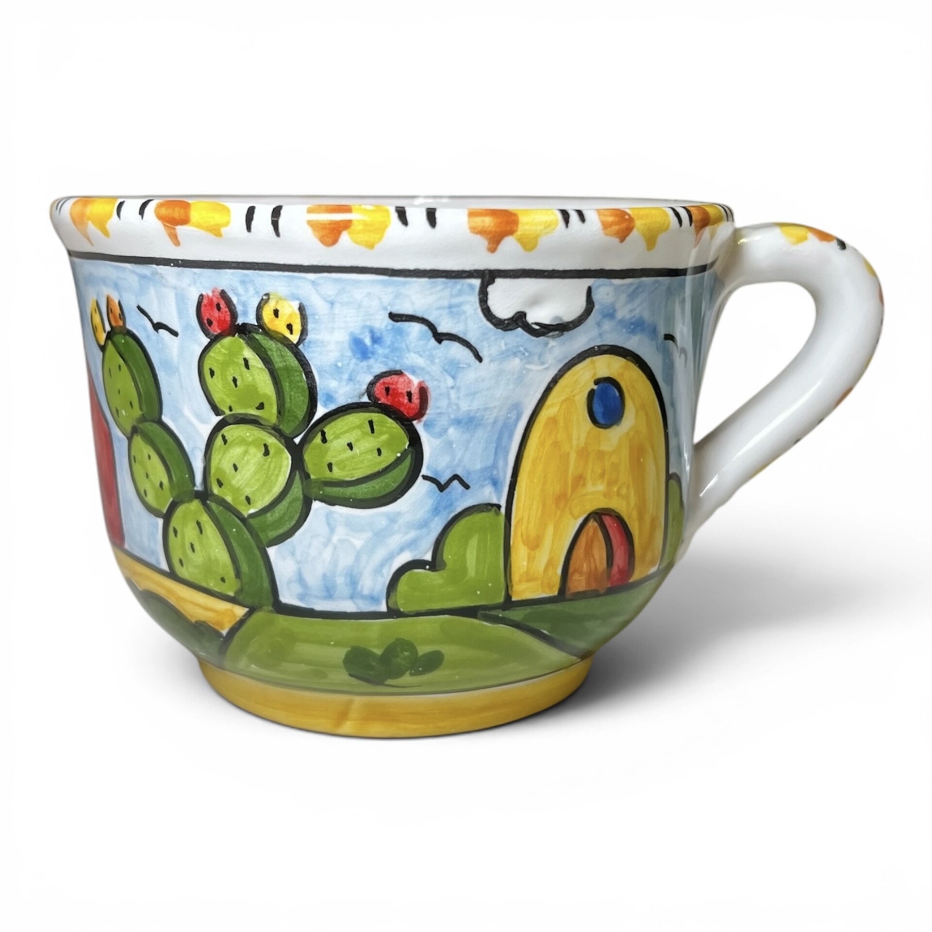 Tazza da latte, tè o tisana con manico decoro naif case e fichi d'india in ceramica siciliana Produzione artigianale di Santo Stefano di Camastra h.13cm