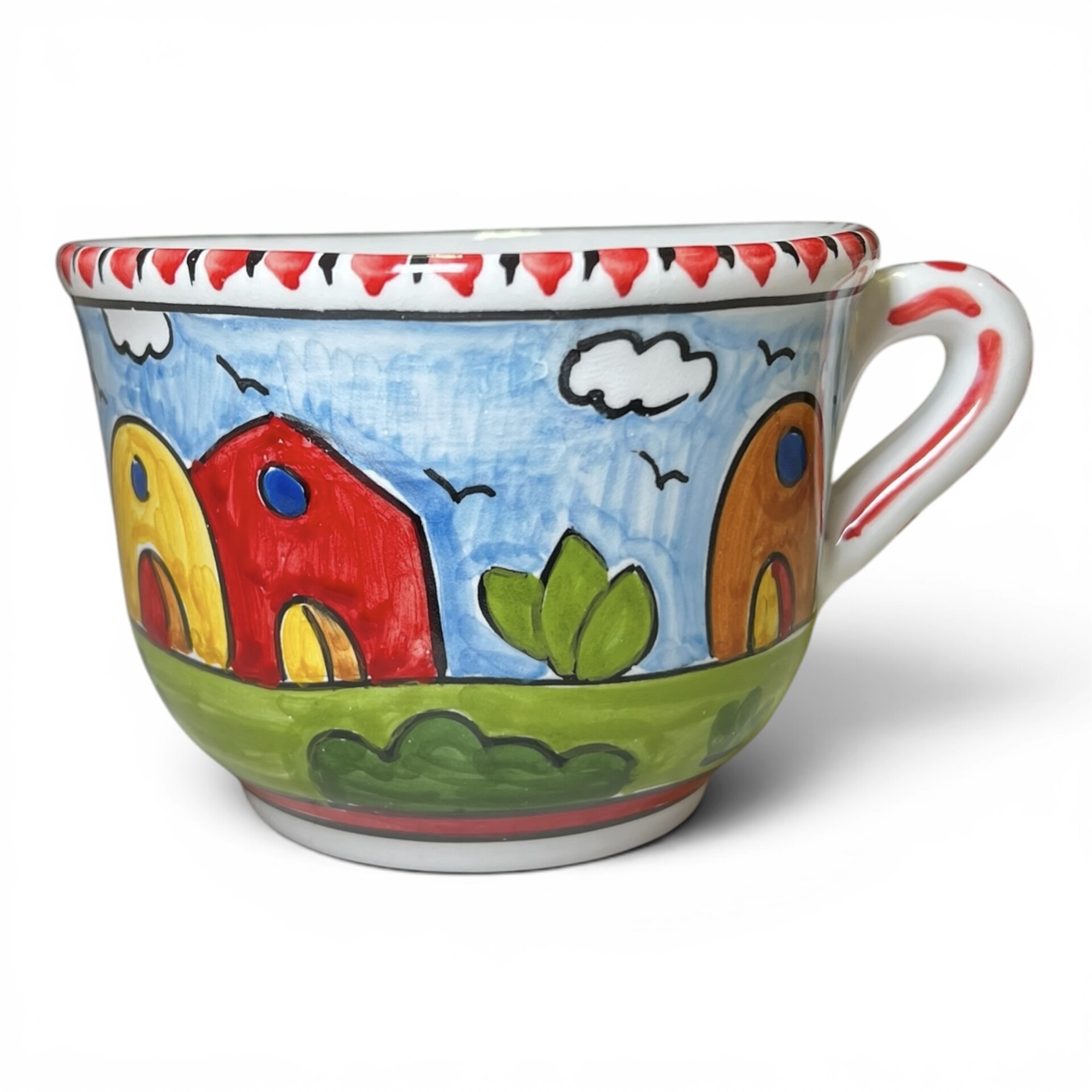 Tazza da latte, tè o tisana con manico decoro naif case e fichi d'india in ceramica siciliana Produzione artigianale di Santo Stefano di Camastra h.13cm