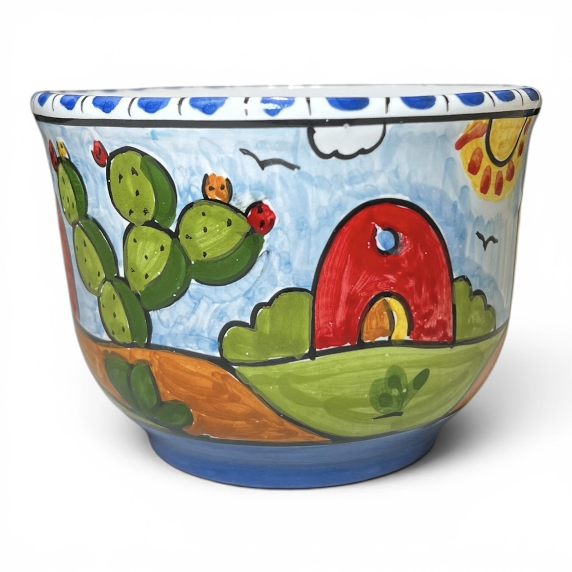 Tazza da latte, tè o tisana con manico decoro naif case e fichi d'india in ceramica siciliana Produzione artigianale di Santo Stefano di Camastra h.13cm