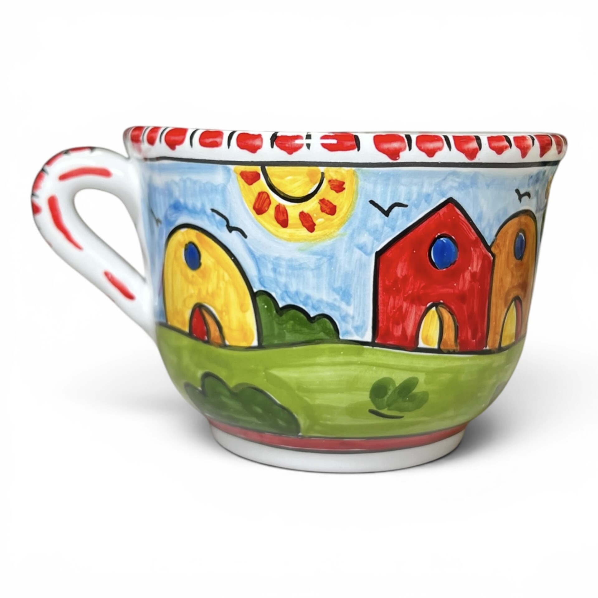 Tazza da latte, tè o tisana con manico decoro naif case e fichi d'india in ceramica siciliana Produzione artigianale di Santo Stefano di Camastra h.13cm
