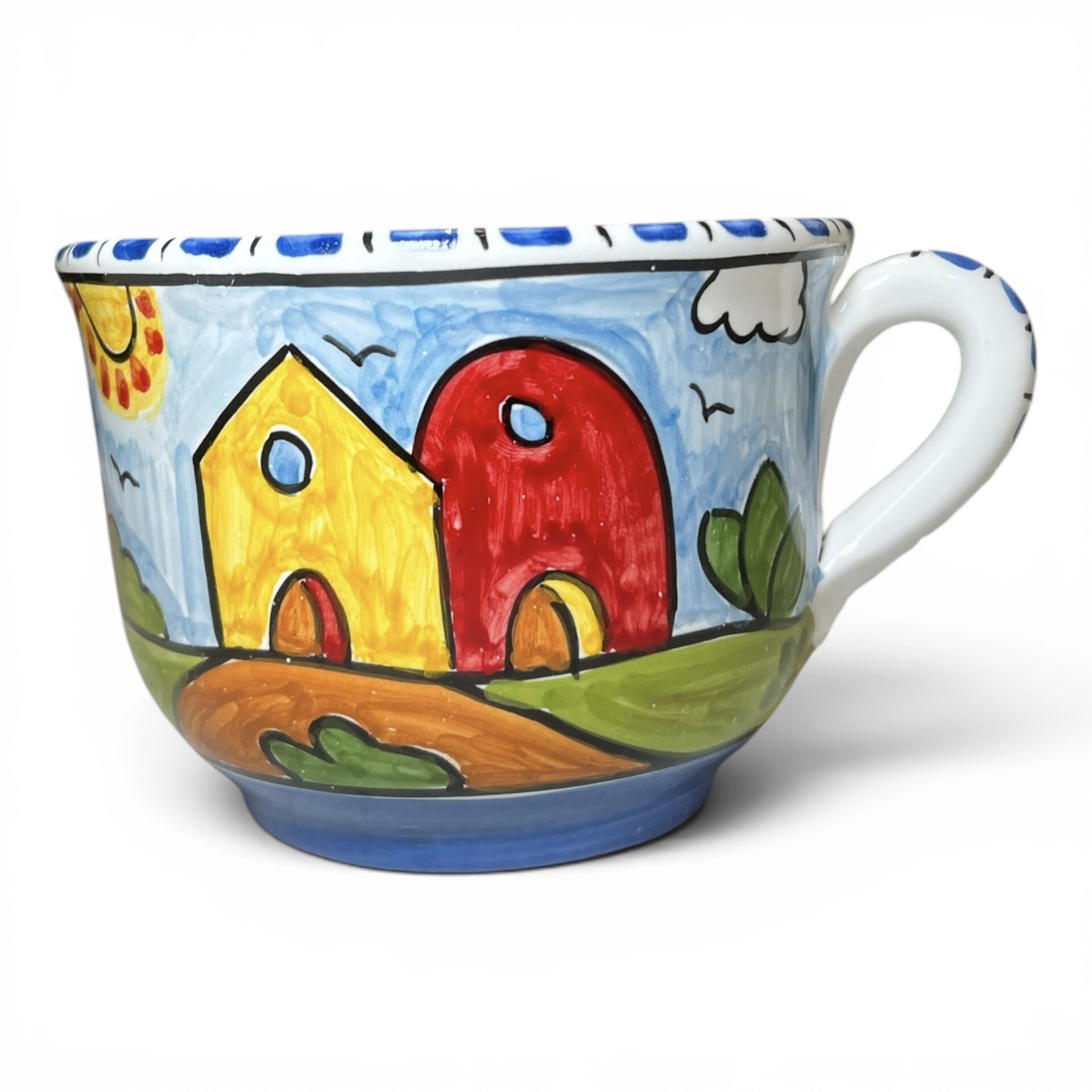 Tazza da latte, tè o tisana con manico decoro naif case e fichi d'india in ceramica siciliana Produzione artigianale di Santo Stefano di Camastra h.13cm