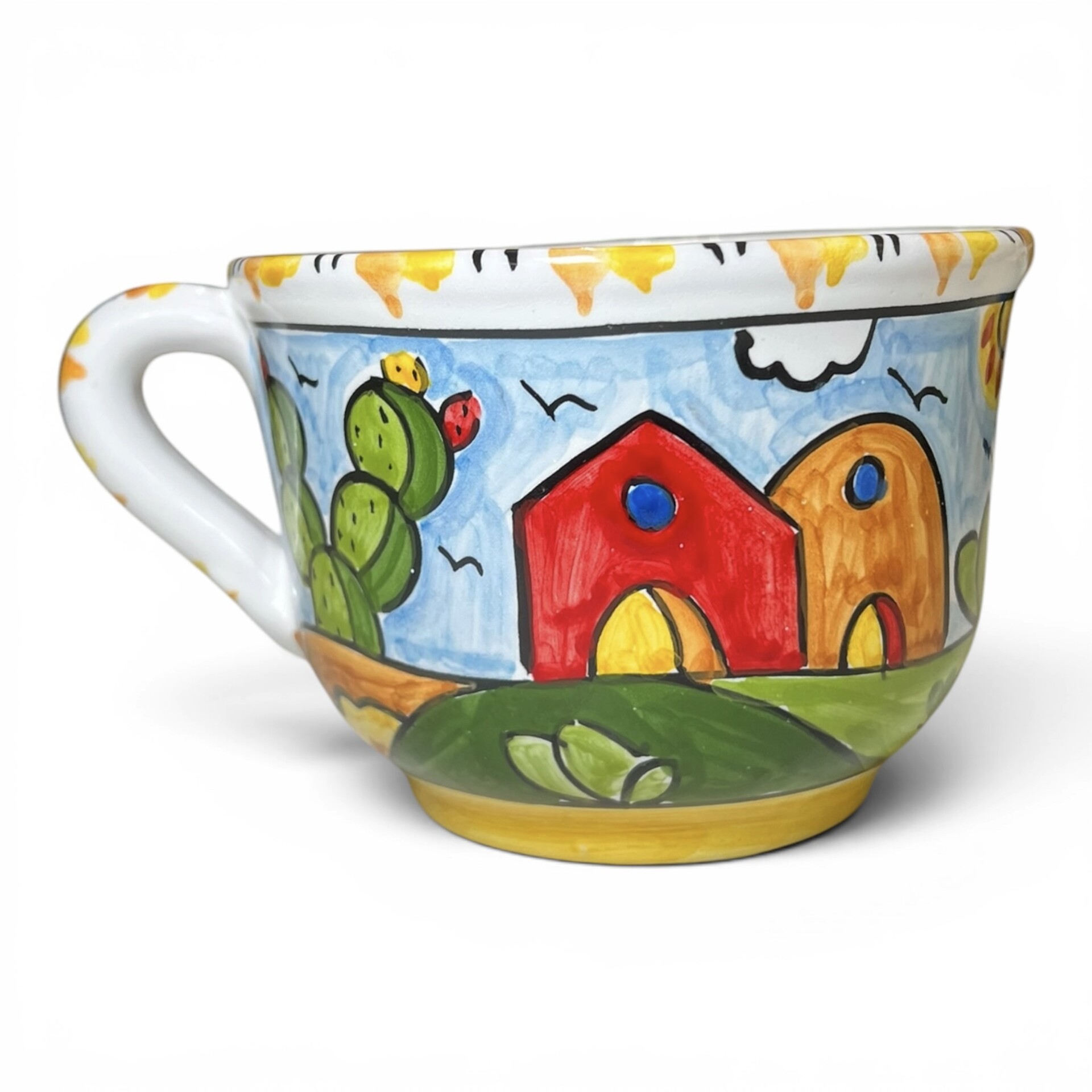 Tazza da latte, tè o tisana con manico decoro naif case e fichi d'india in ceramica siciliana Produzione artigianale di Santo Stefano di Camastra h.13cm