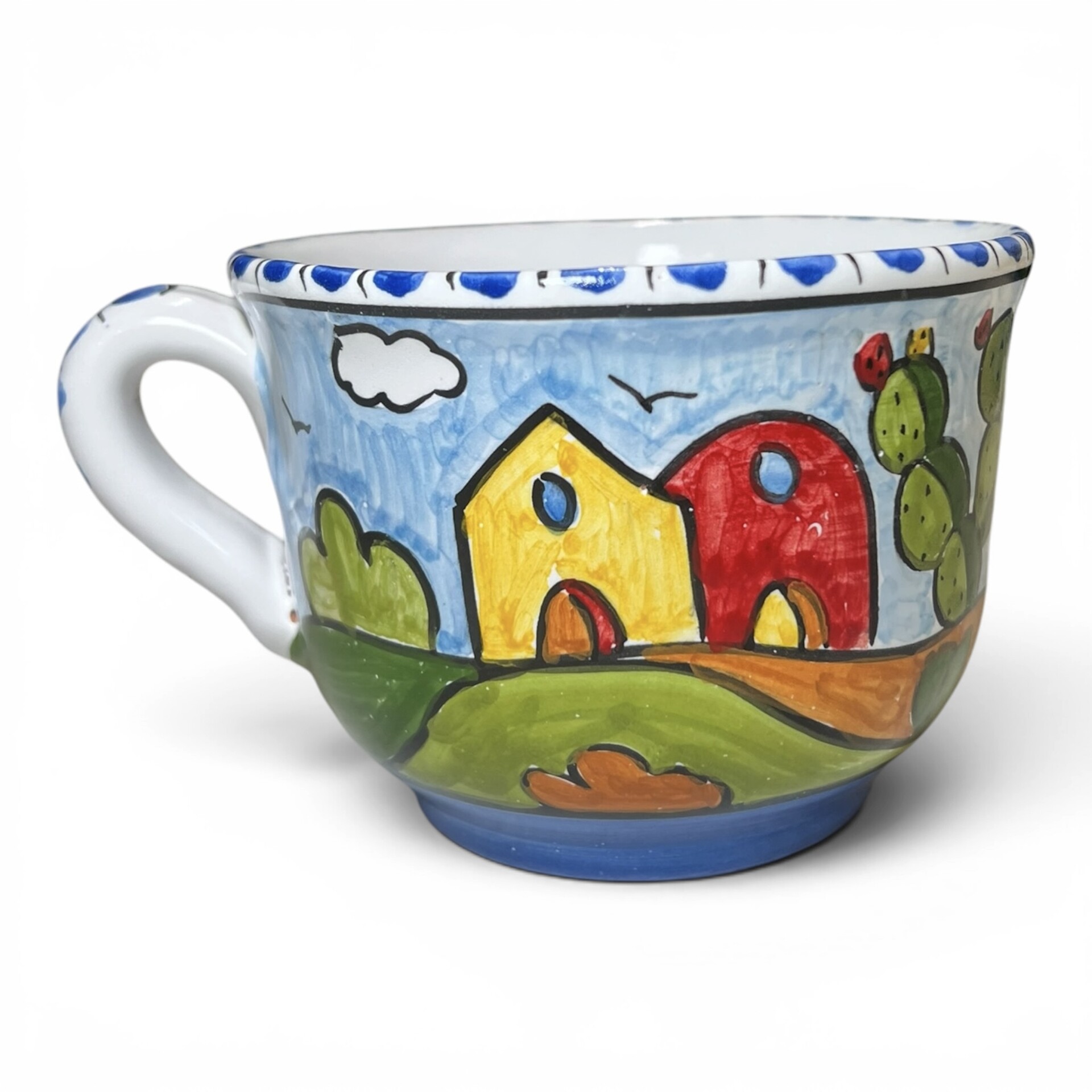 Tazza da latte, tè o tisana con manico decoro naif case e fichi d'india in ceramica siciliana Produzione artigianale di Santo Stefano di Camastra h.13cm