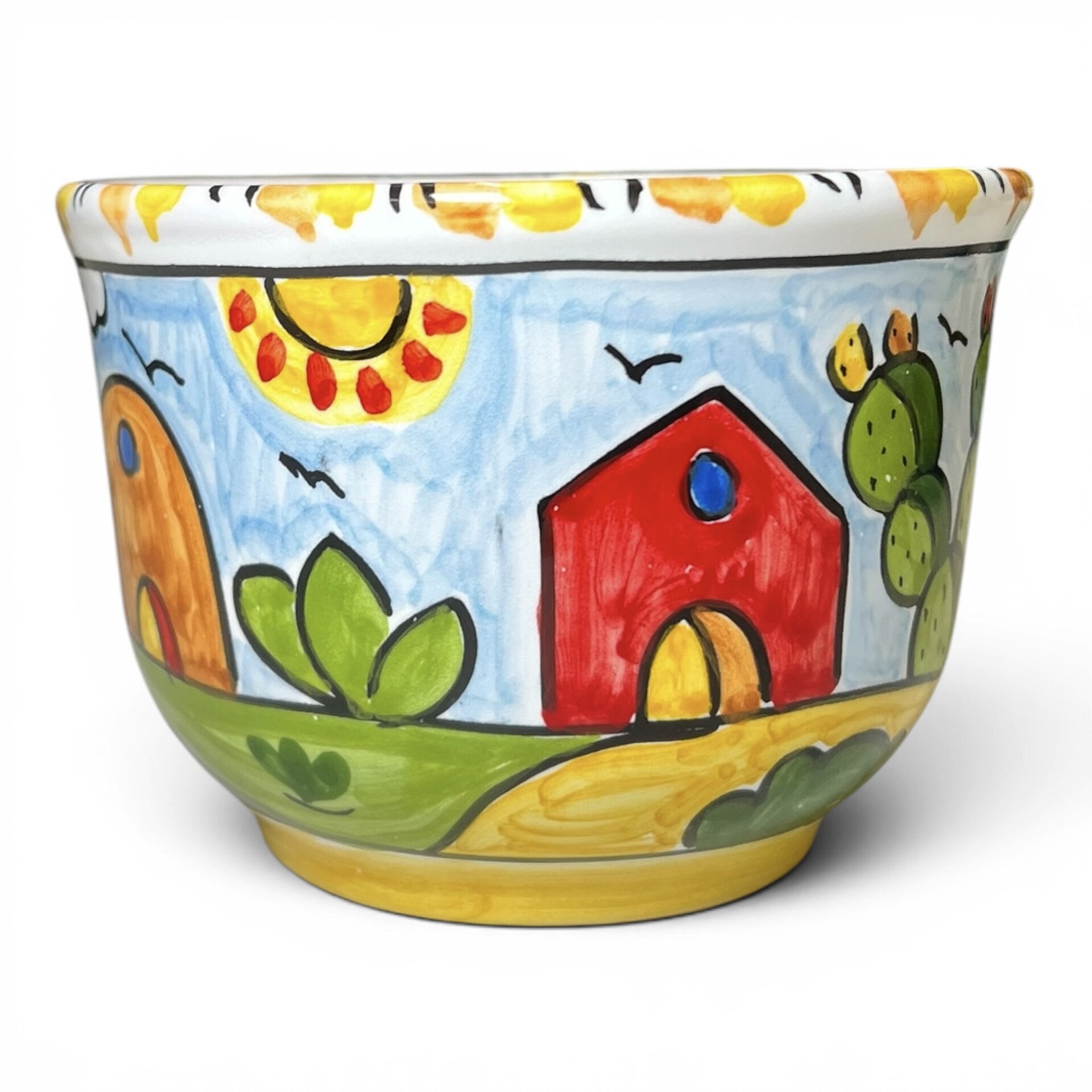 Tazza da latte, tè o tisana con manico decoro naif case e fichi d'india in ceramica siciliana Produzione artigianale di Santo Stefano di Camastra h.13cm