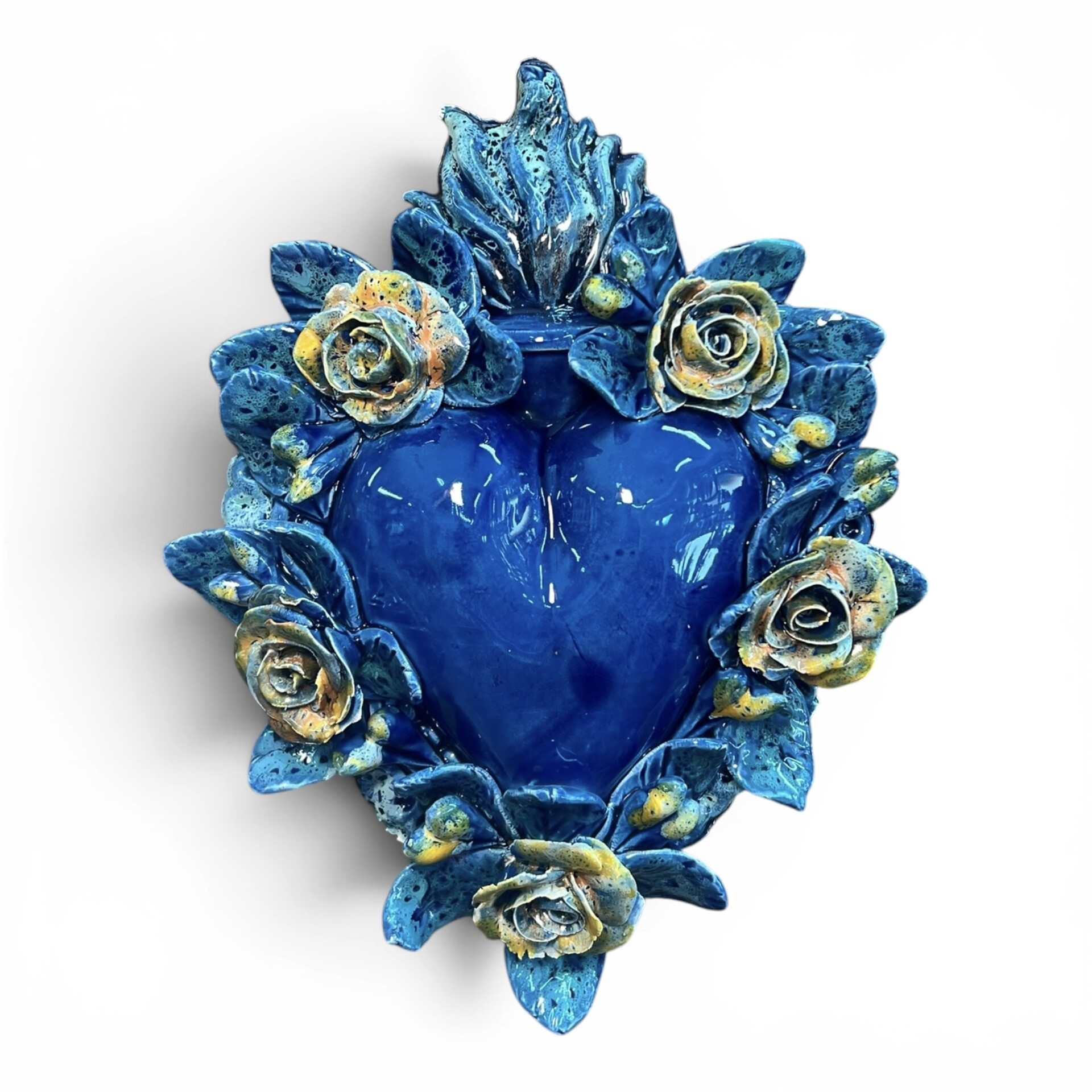 Cuore sacro Ex Voto da parete in decoro blu antico con rose gialle in ceramica siciliana Produzione artigianale di Palermo h.27cm