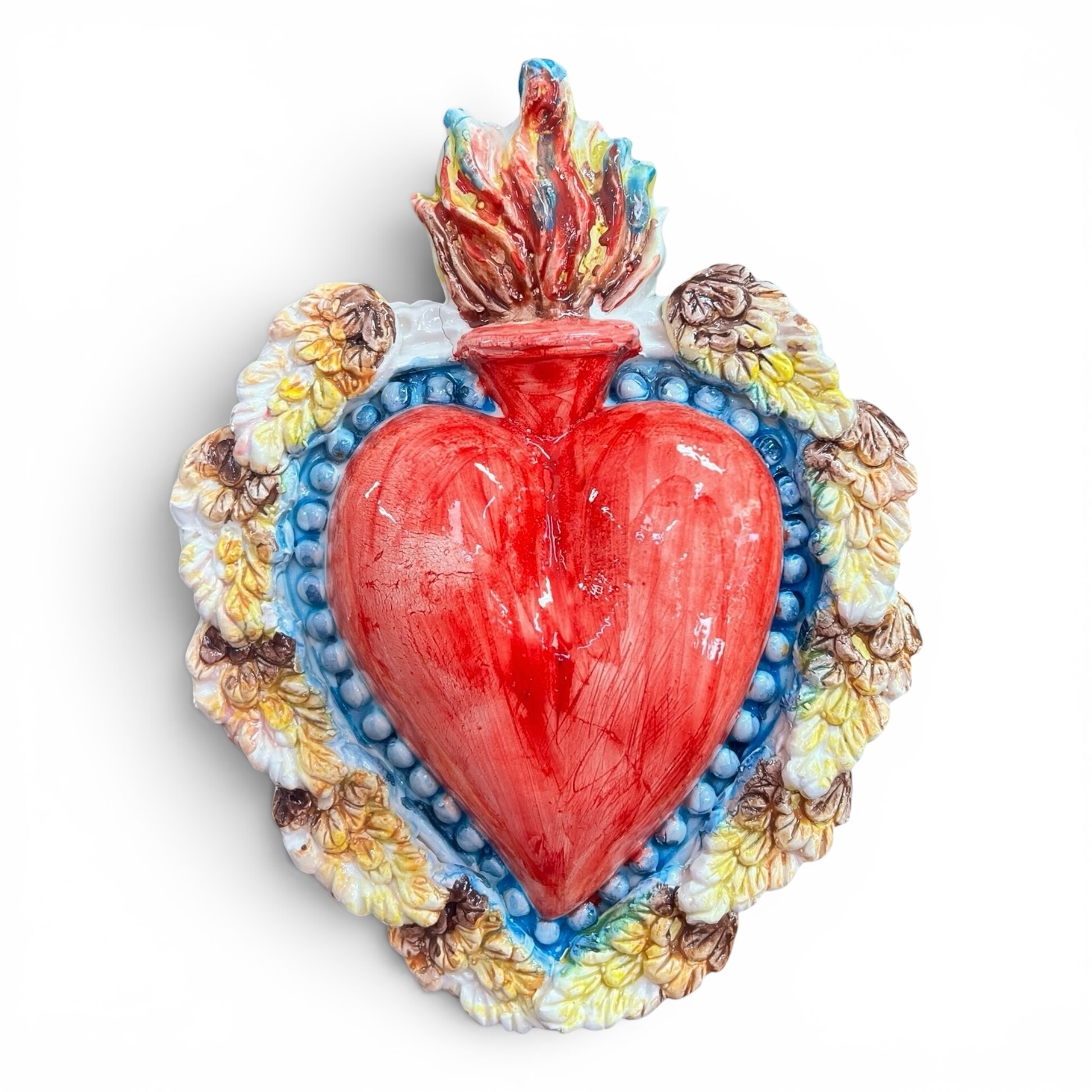 Cuore Sacro Ex Voto da parete decoro rosso con ali d'angelo in ceramica siciliana Produzione artigianale di Palermo h.23cm