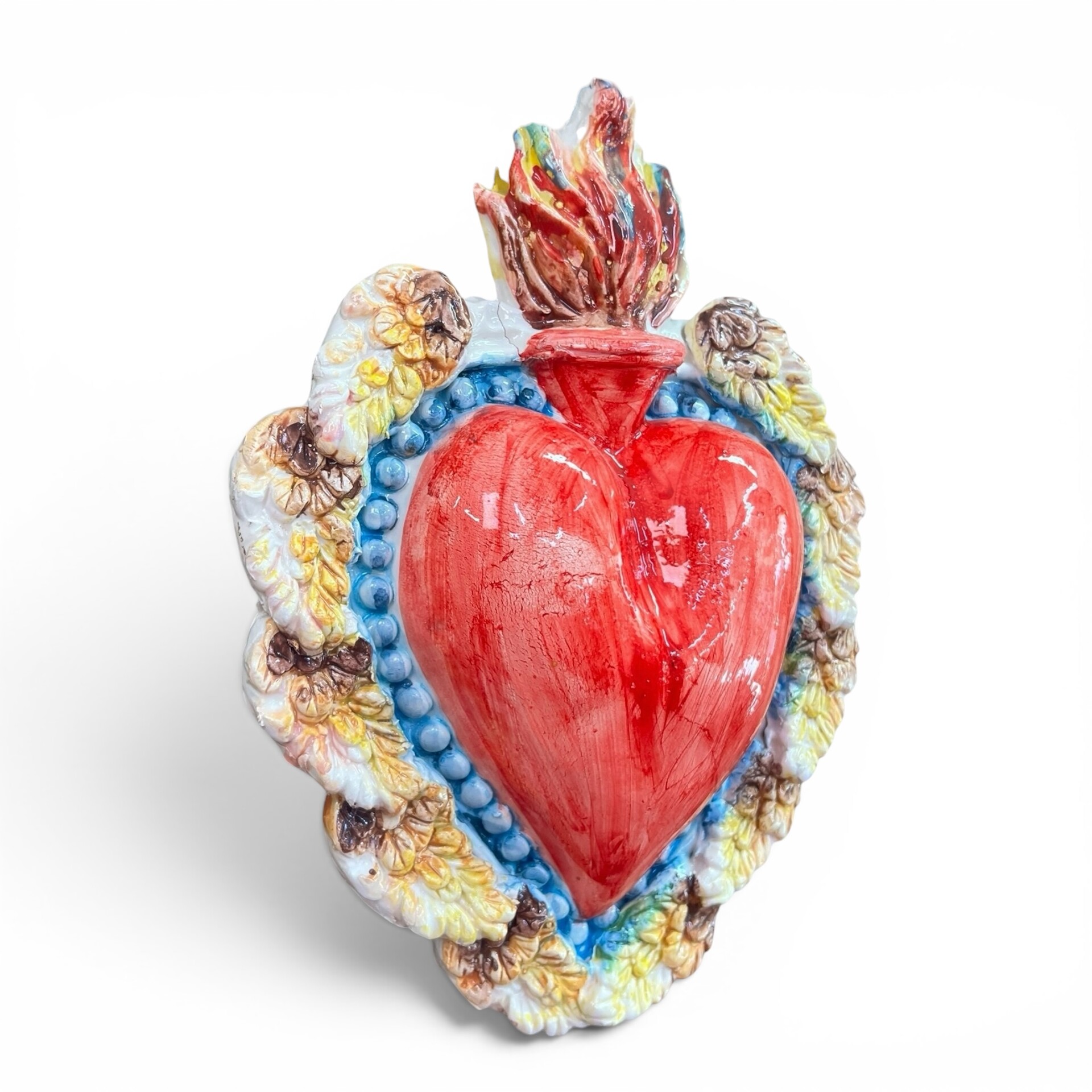 Cuore Sacro Ex Voto da parete decoro rosso con ali d'angelo in ceramica siciliana Produzione artigianale di Palermo h.23cm