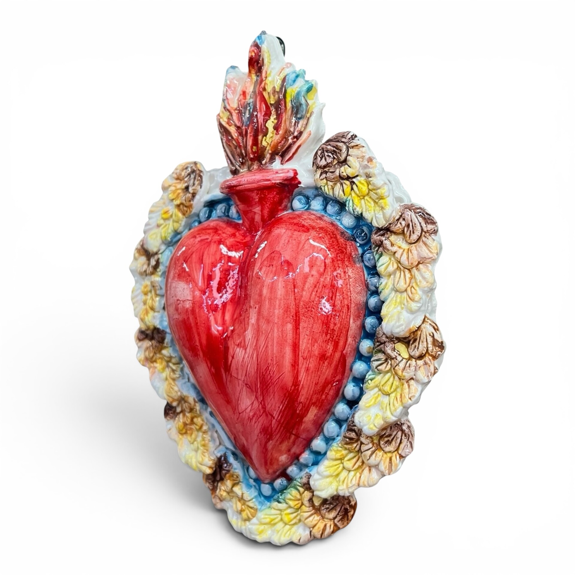 Cuore Sacro Ex Voto da parete decoro rosso con ali d'angelo in ceramica siciliana Produzione artigianale di Palermo h.23cm
