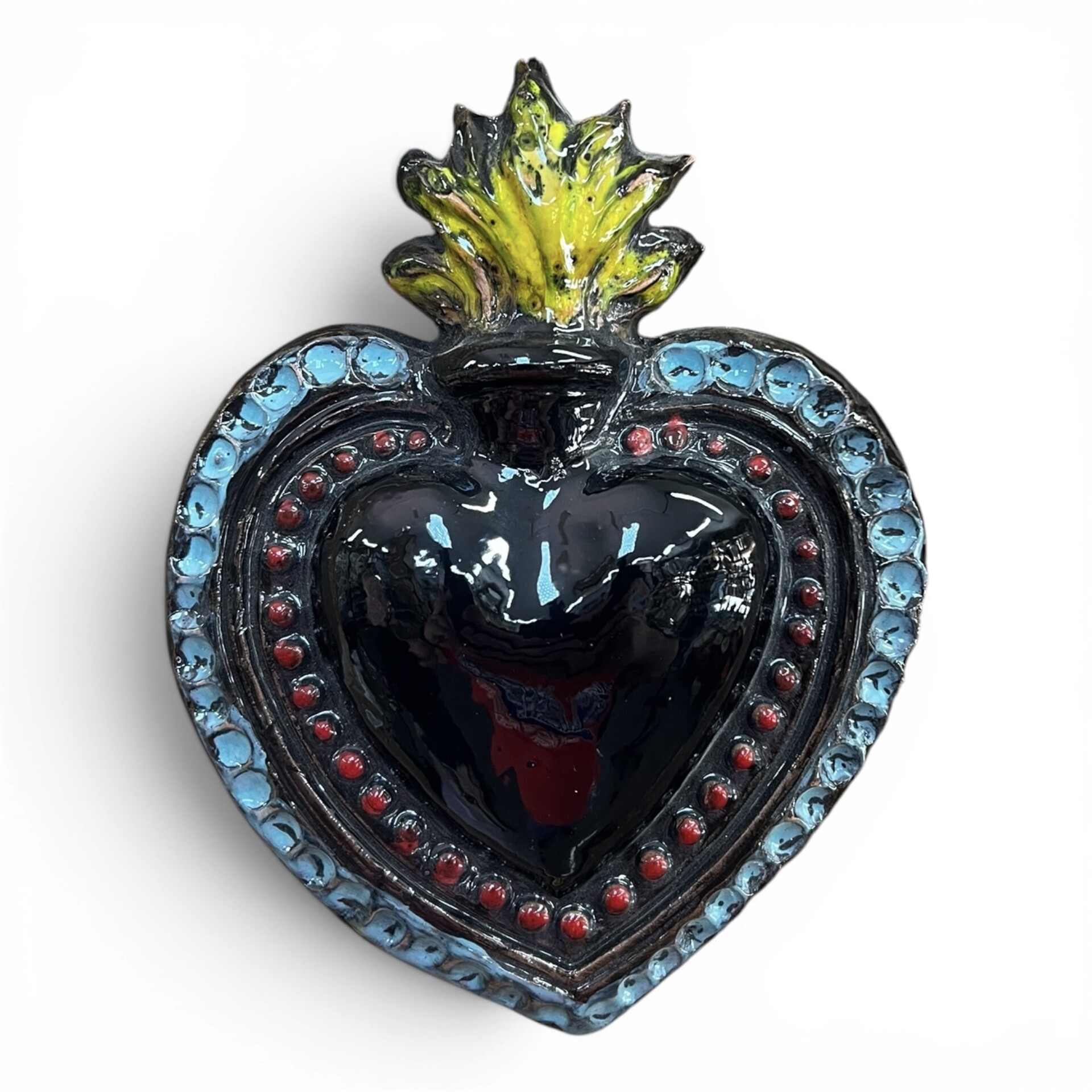 Cuore Sacro Ex Voto da parete decoro nero azzurro e rosso in ceramica siciliana Produzione artigianale di Palermo h.17cm