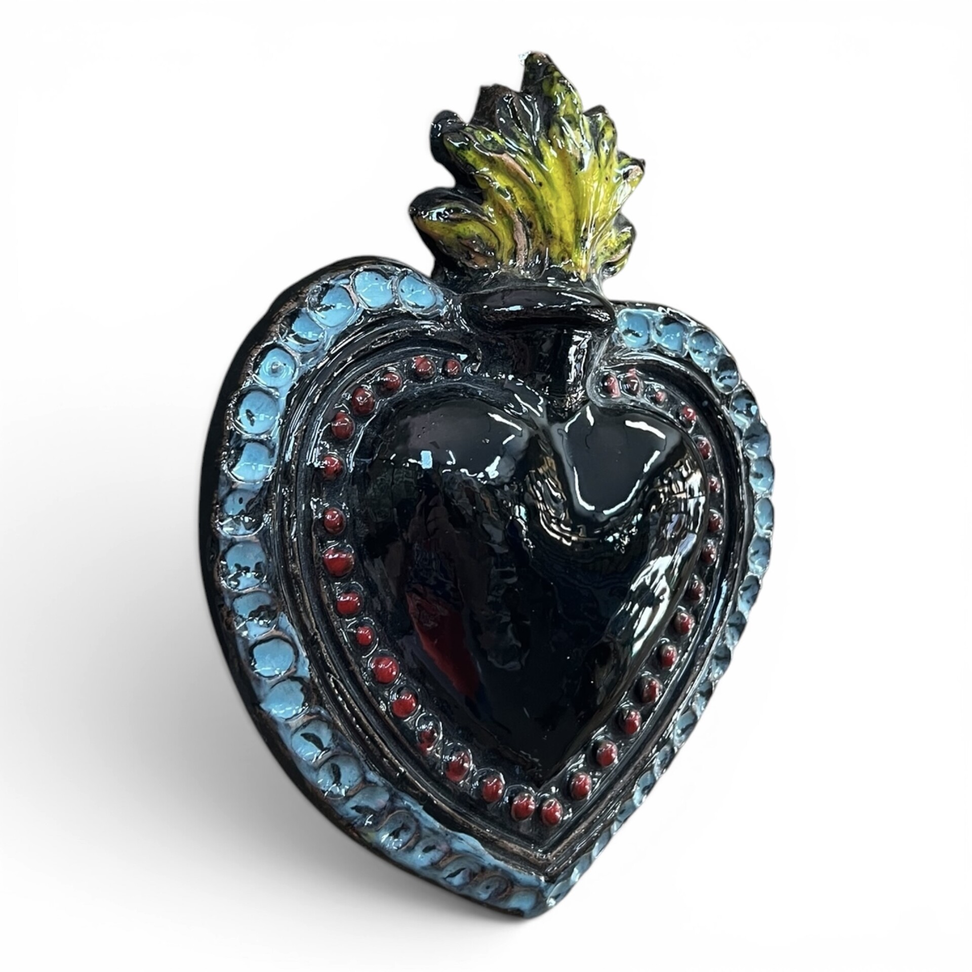 Cuore Sacro Ex Voto da parete decoro nero azzurro e rosso in ceramica siciliana Produzione artigianale di Palermo h.17cm