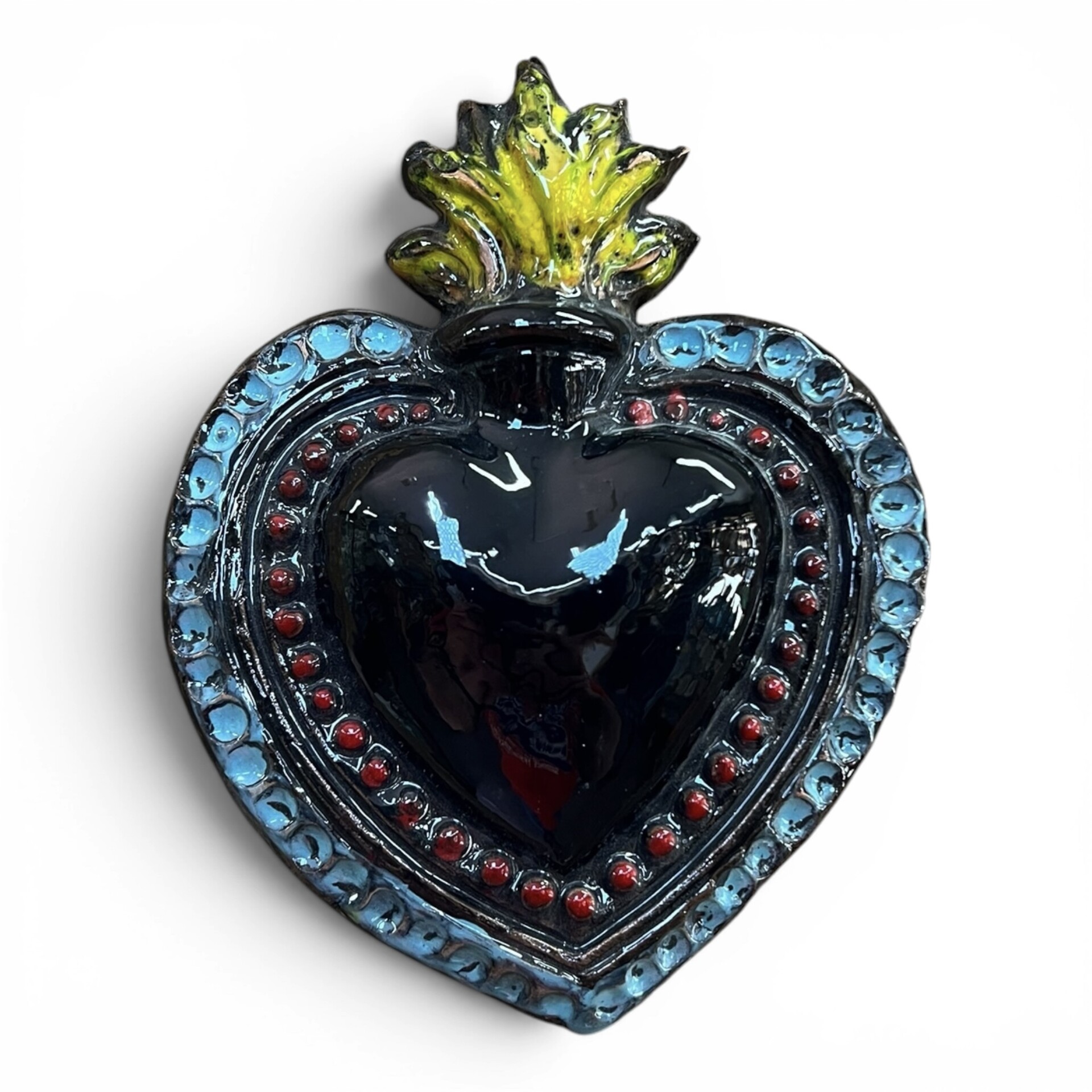 Cuore Sacro Ex Voto da parete decoro nero azzurro e rosso in ceramica siciliana Produzione artigianale di Palermo h.17cm