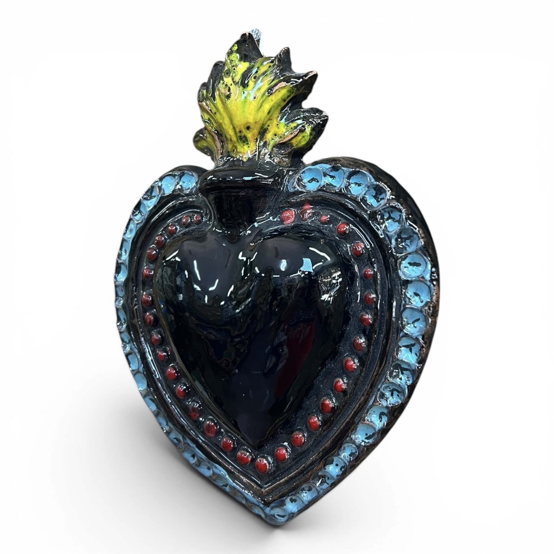 Cuore Sacro Ex Voto da parete decoro nero azzurro e rosso in ceramica siciliana Produzione artigianale di Palermo h.17cm