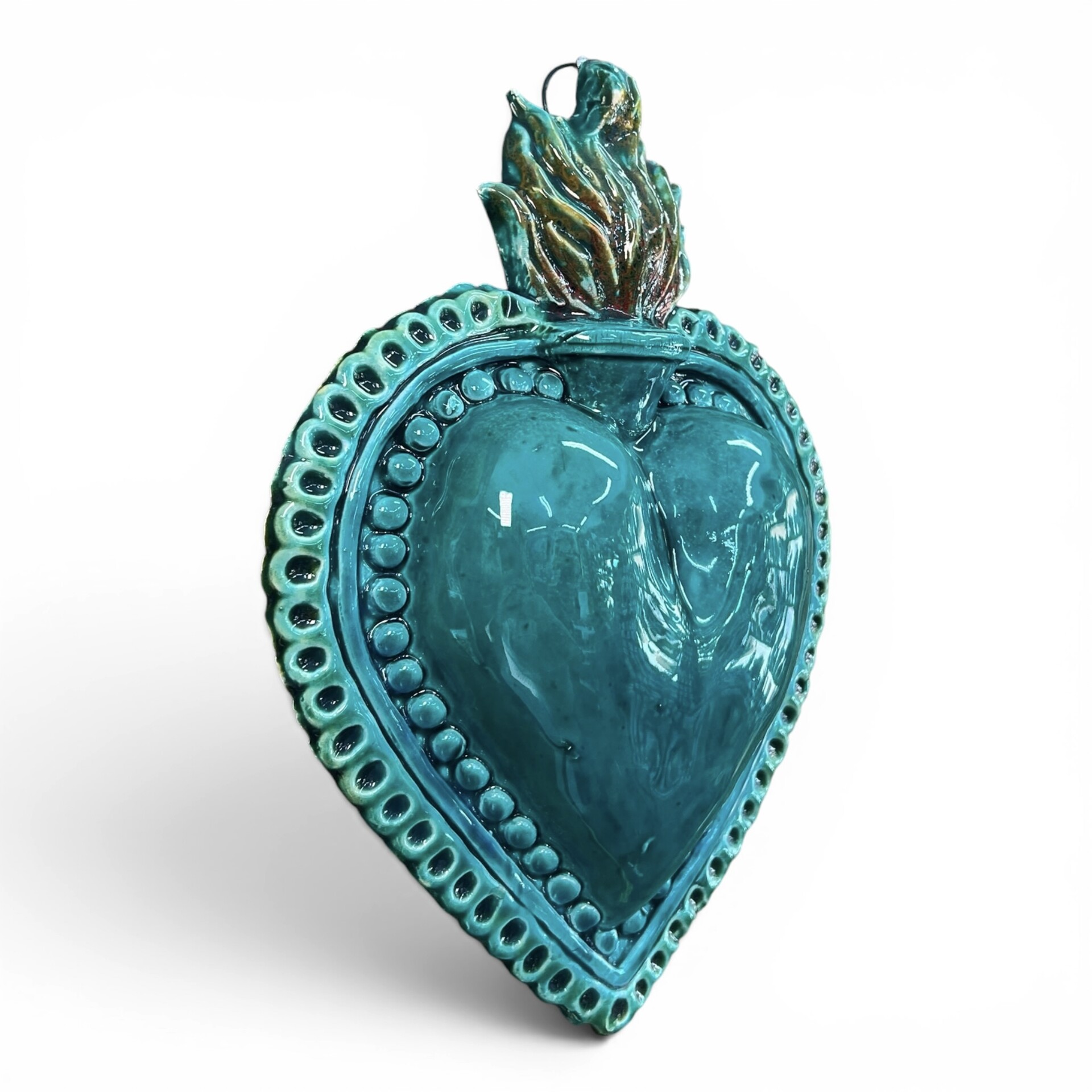 Cuore Sacro Ex Voto da parete decoro verde acqua in ceramica siciliana Produzione artigianale di Palermo h.23cm