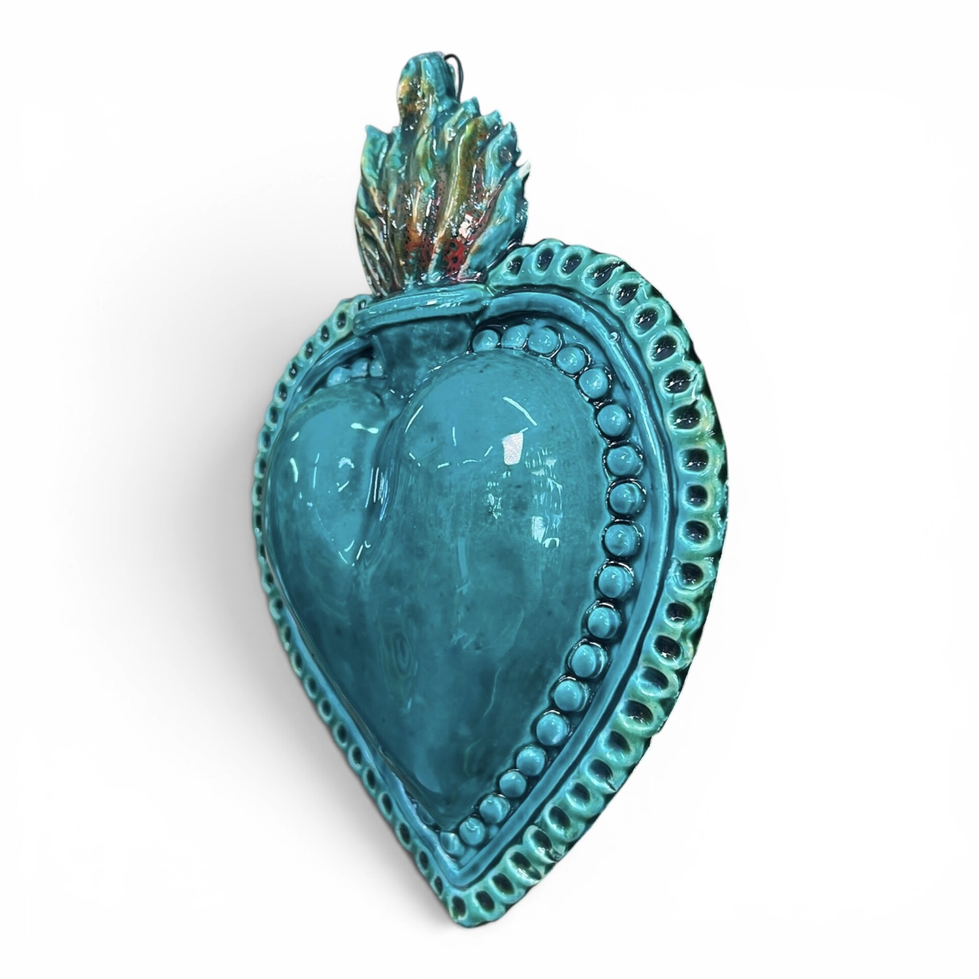 Cuore Sacro Ex Voto da parete decoro verde acqua in ceramica siciliana Produzione artigianale di Palermo h.23cm