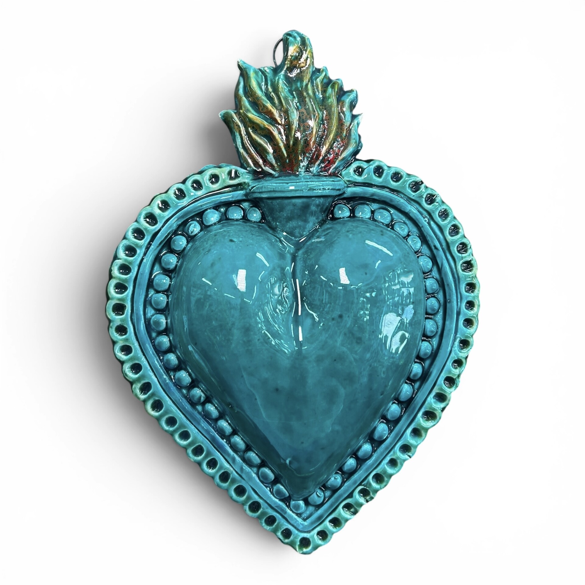 Cuore Sacro Ex Voto da parete decoro verde acqua in ceramica siciliana Produzione artigianale di Palermo h.23cm