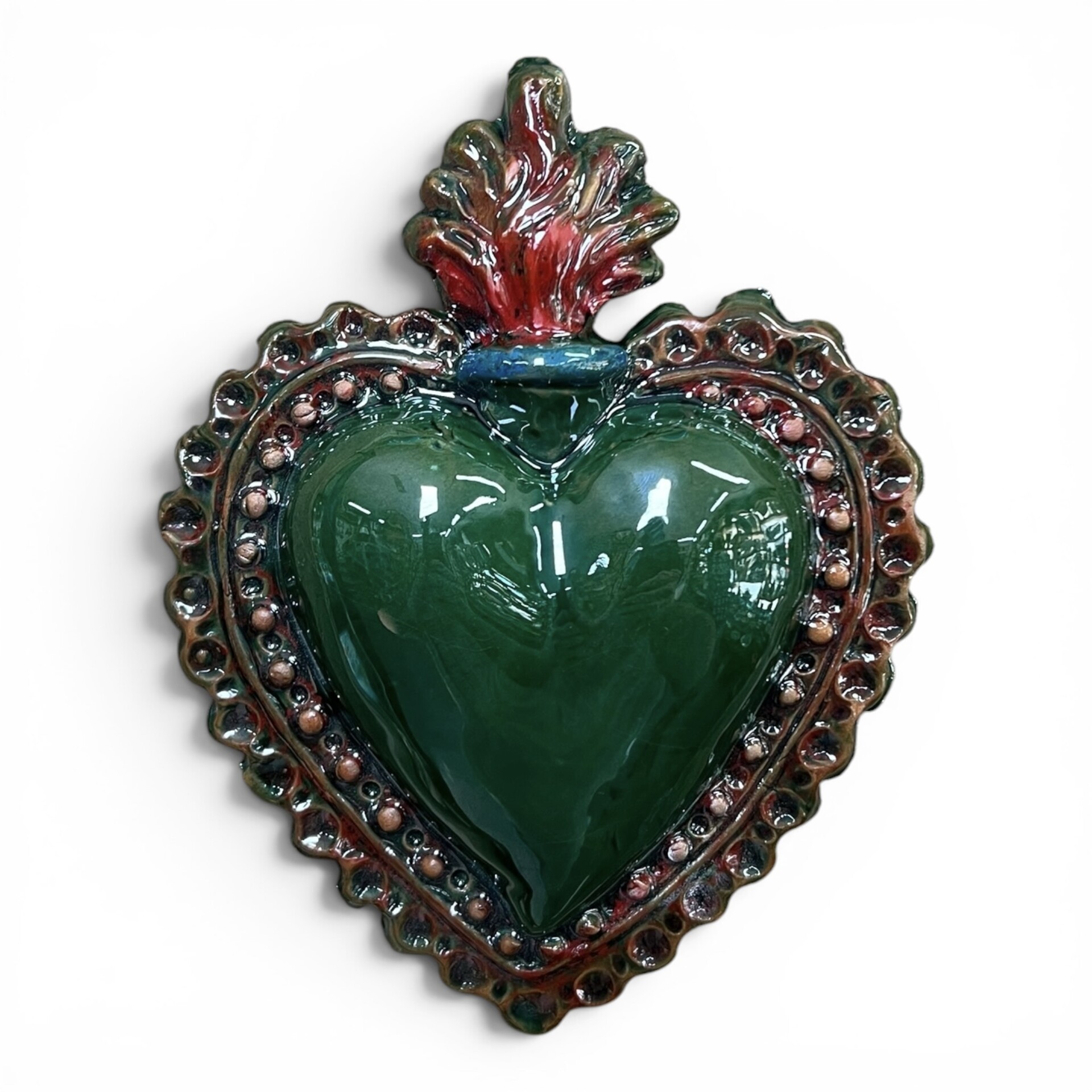 Cuore Sacro Ex Voto da parete decoro verde bottiglia in ceramica siciliana Produzione artigianale di Palermo h.15cm