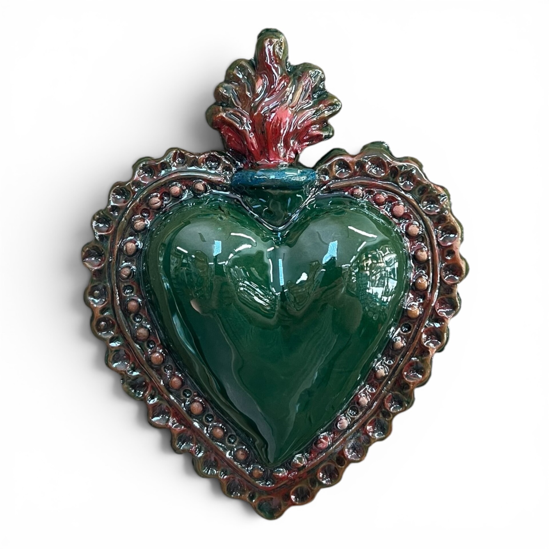 Cuore Sacro Ex Voto da parete decoro verde bottiglia in ceramica siciliana Produzione artigianale di Palermo h.15cm