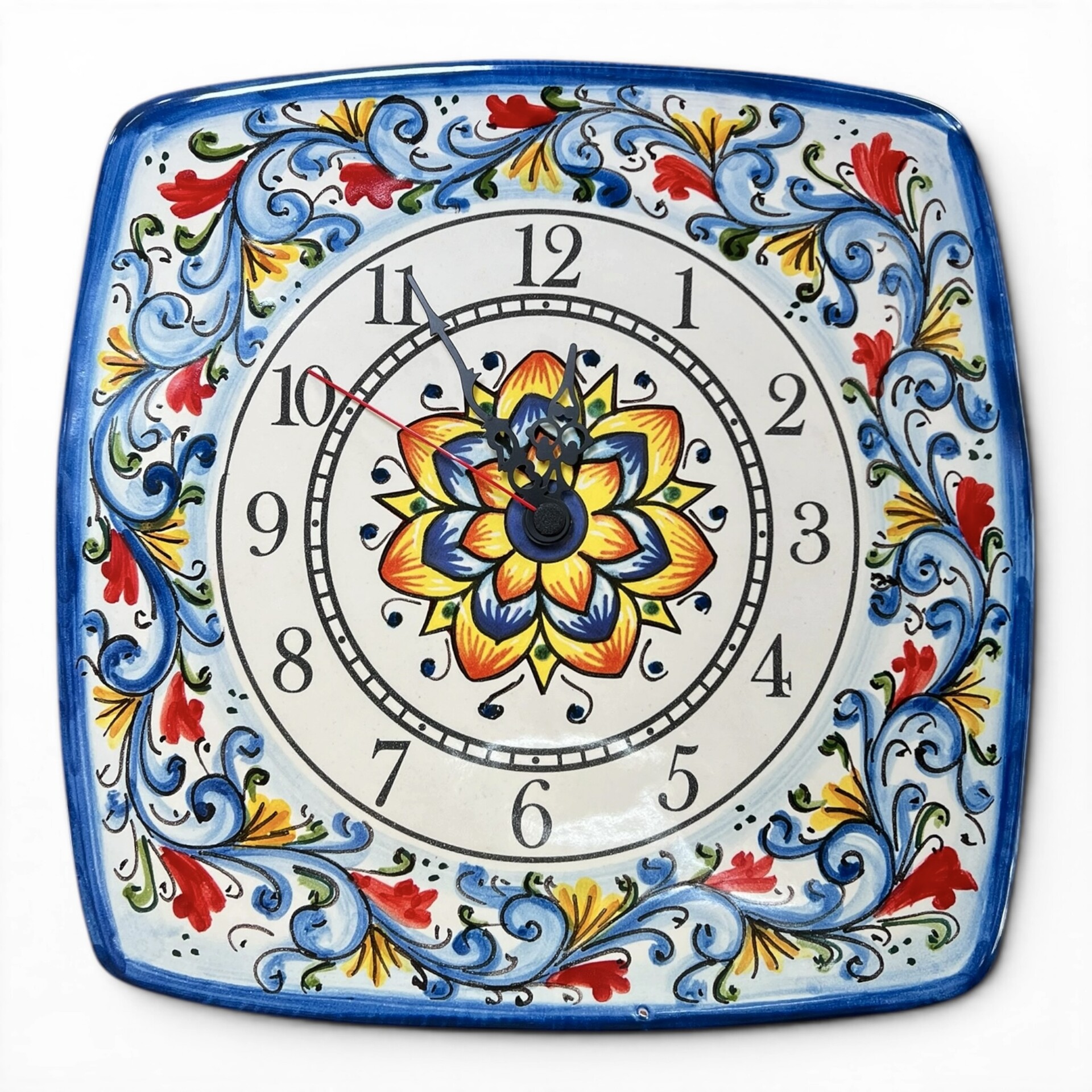 Orologio da parete quadrato decoro angelica blu e rosso in ceramica siciliana Produzione artigianale di Santo Stefano di Camastra lunghezza 30cm