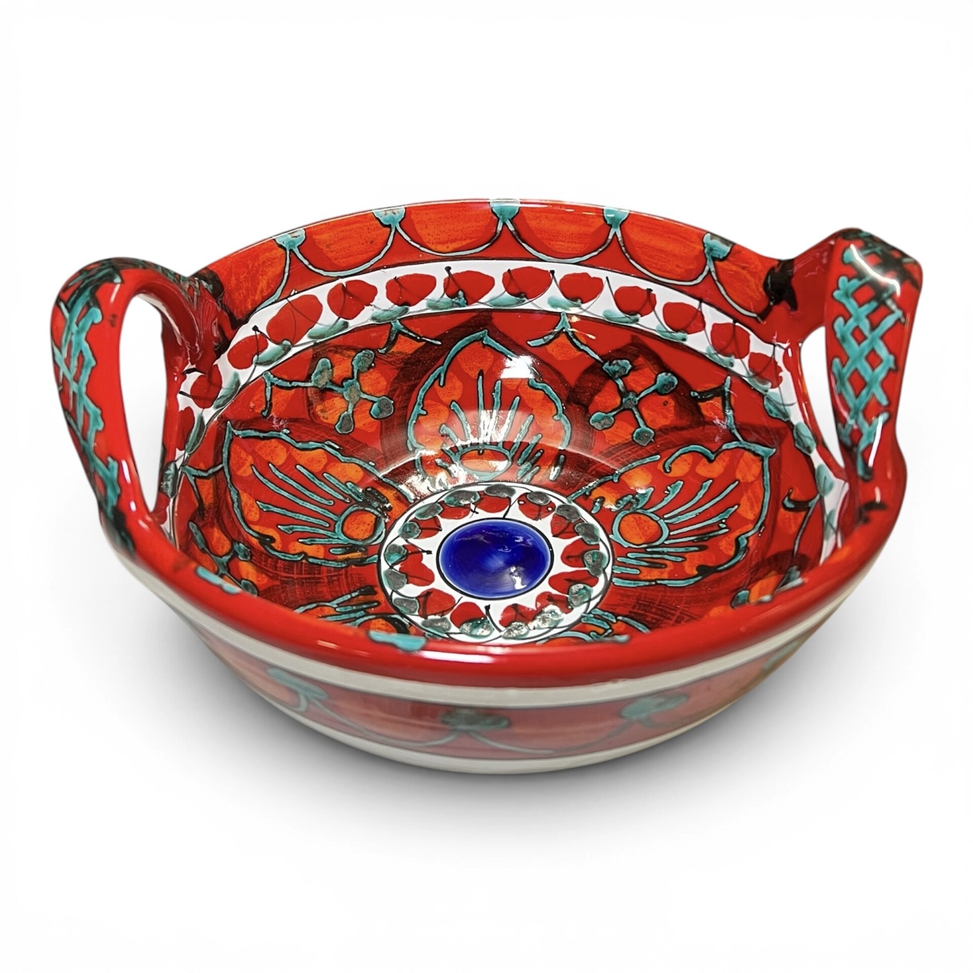 Centrotavola con manici decoro floreale in ceramica rossa siciliana Produzione artigianale di Santo Stefano di Camastra Diametro 30cm