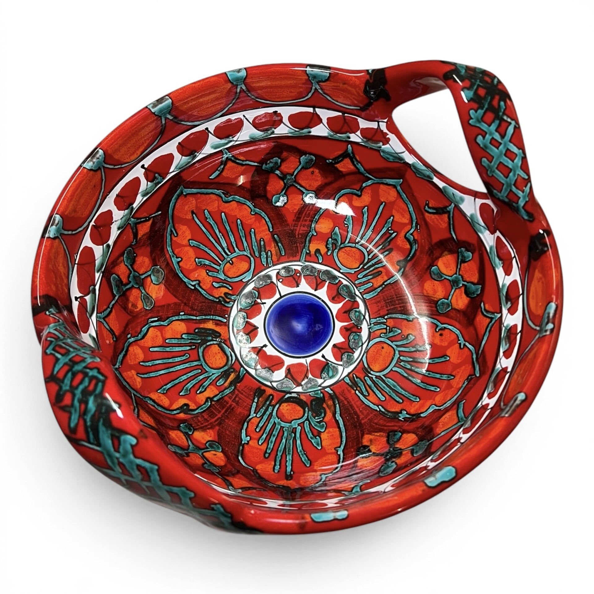 Centrotavola con manici decoro floreale in ceramica rossa siciliana Produzione artigianale di Santo Stefano di Camastra Diametro 30cm