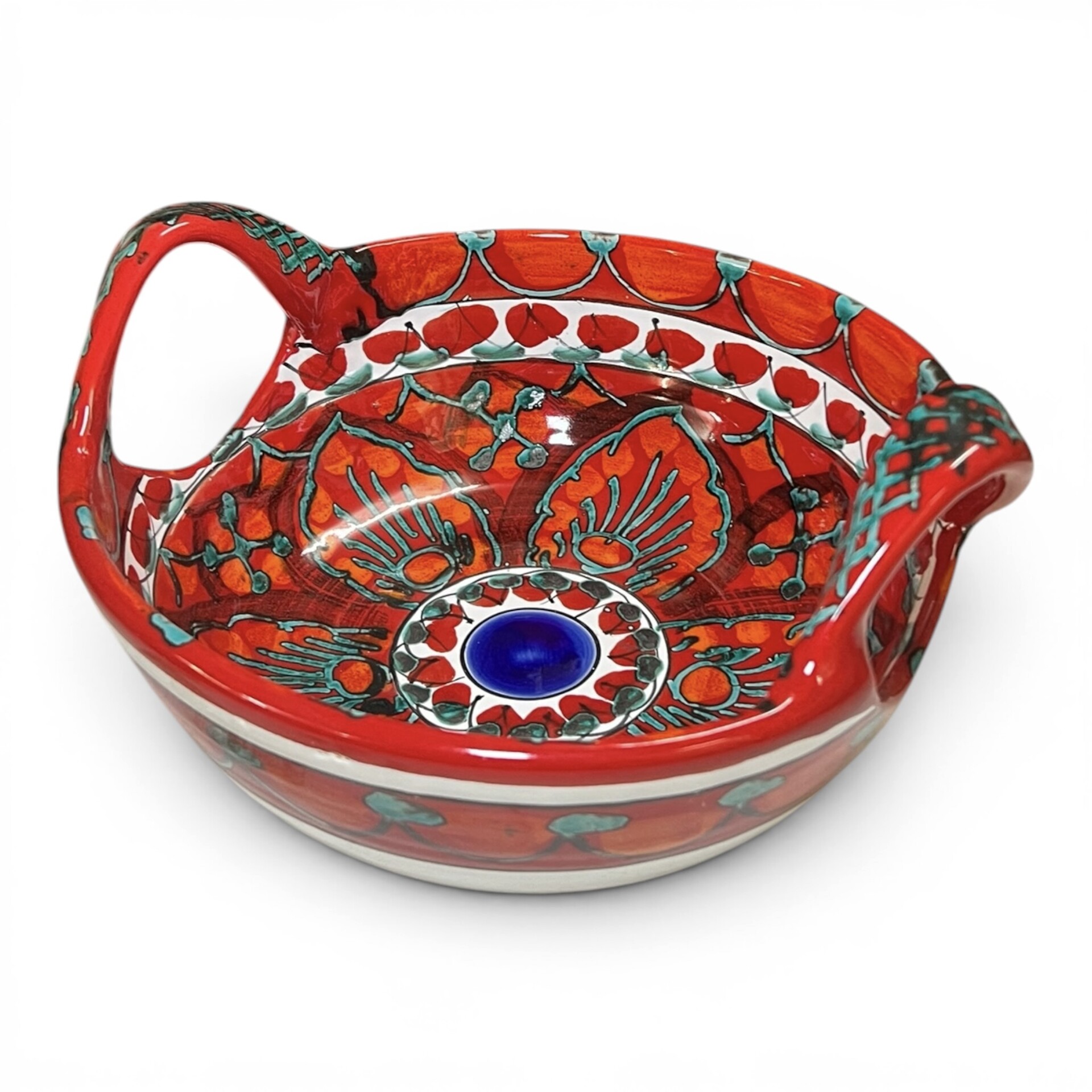 Centrotavola con manici decoro floreale in ceramica rossa siciliana Produzione artigianale di Santo Stefano di Camastra Diametro 30cm