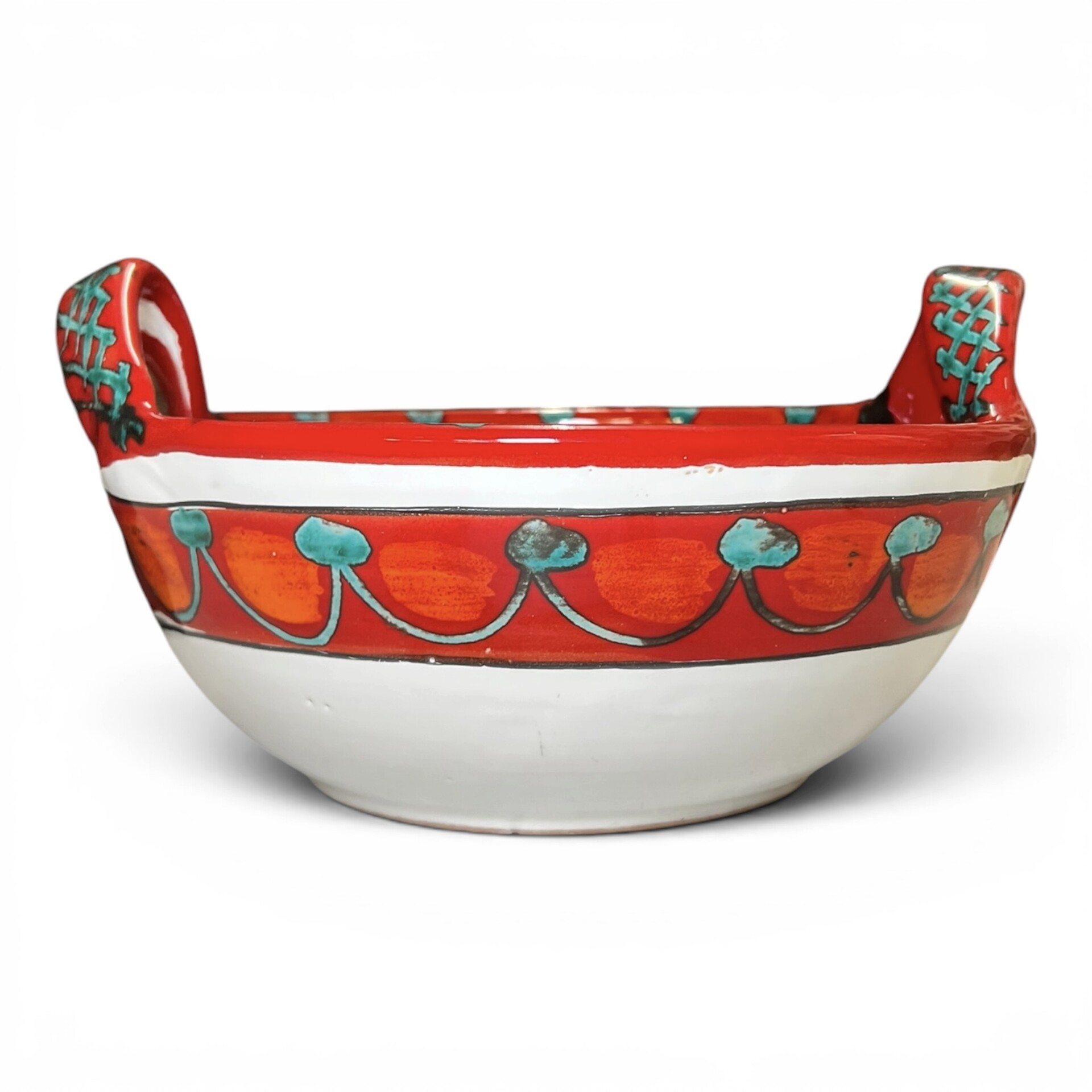 Centrotavola con manici decoro floreale in ceramica rossa siciliana Produzione artigianale di Santo Stefano di Camastra Diametro 30cm