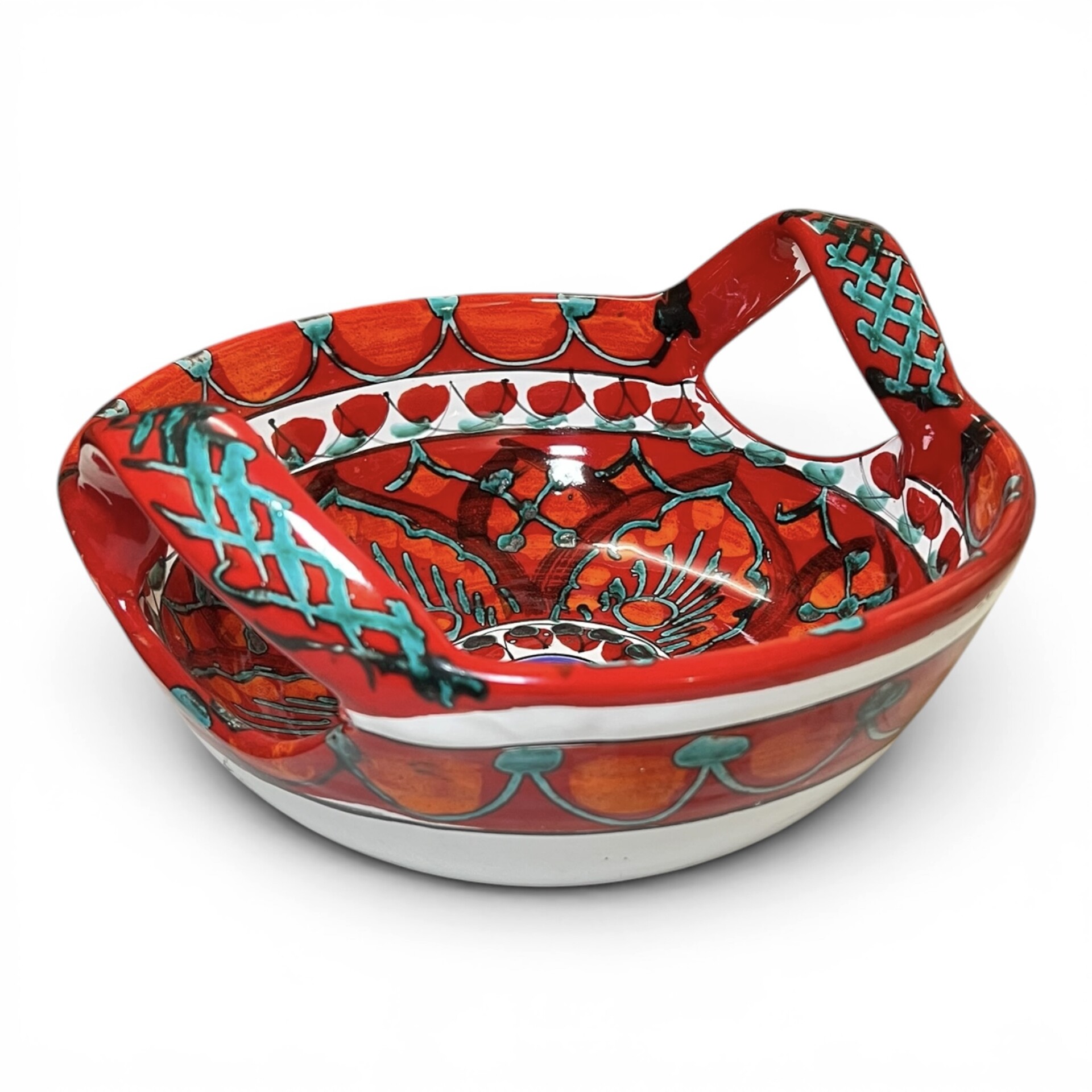 Centrotavola con manici decoro floreale in ceramica rossa siciliana Produzione artigianale di Santo Stefano di Camastra Diametro 30cm