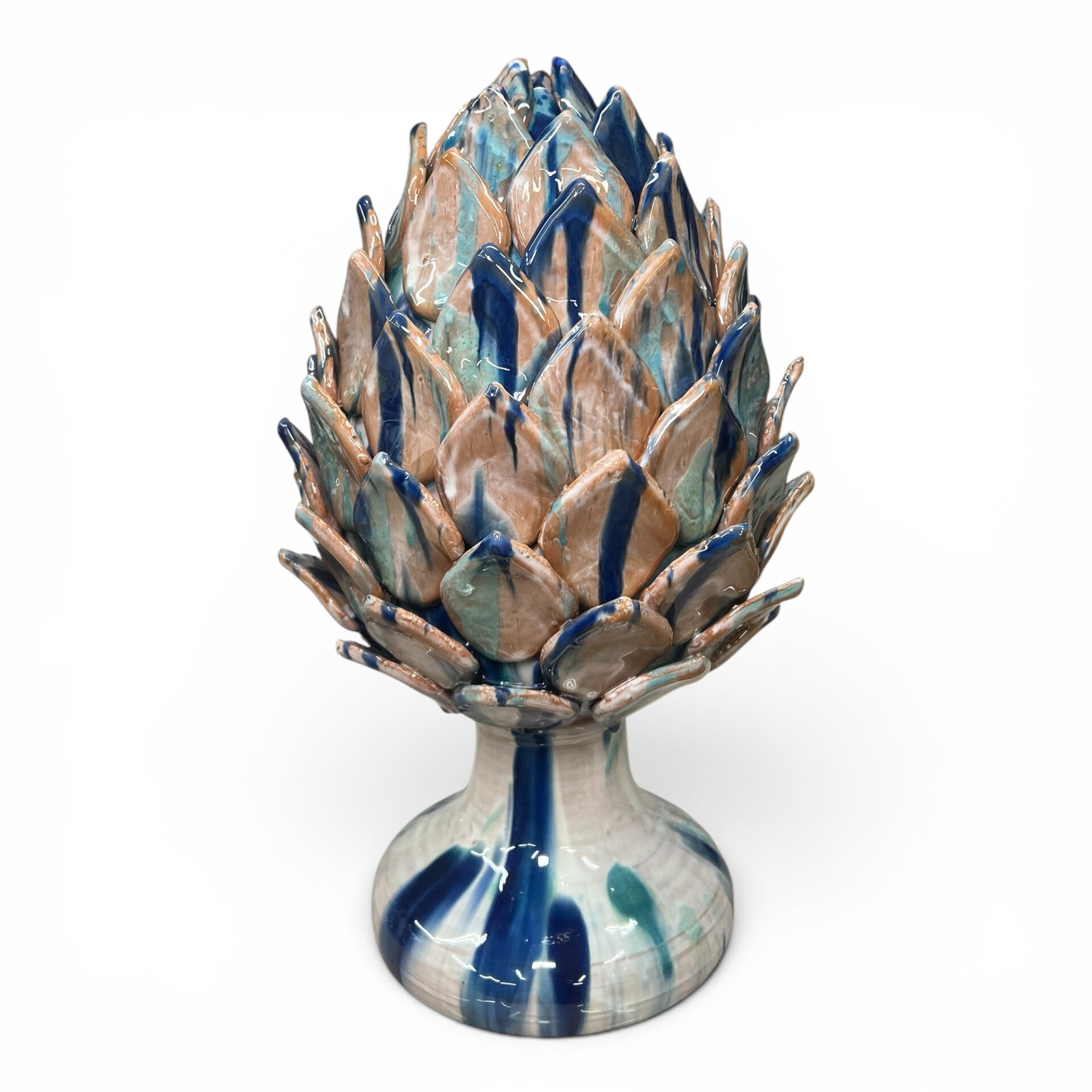 Carciofo ornamentale grande decoro blu e celeste in ceramica siciliana Produzione artigianale di Santo Stefano di Camastra h.40cm