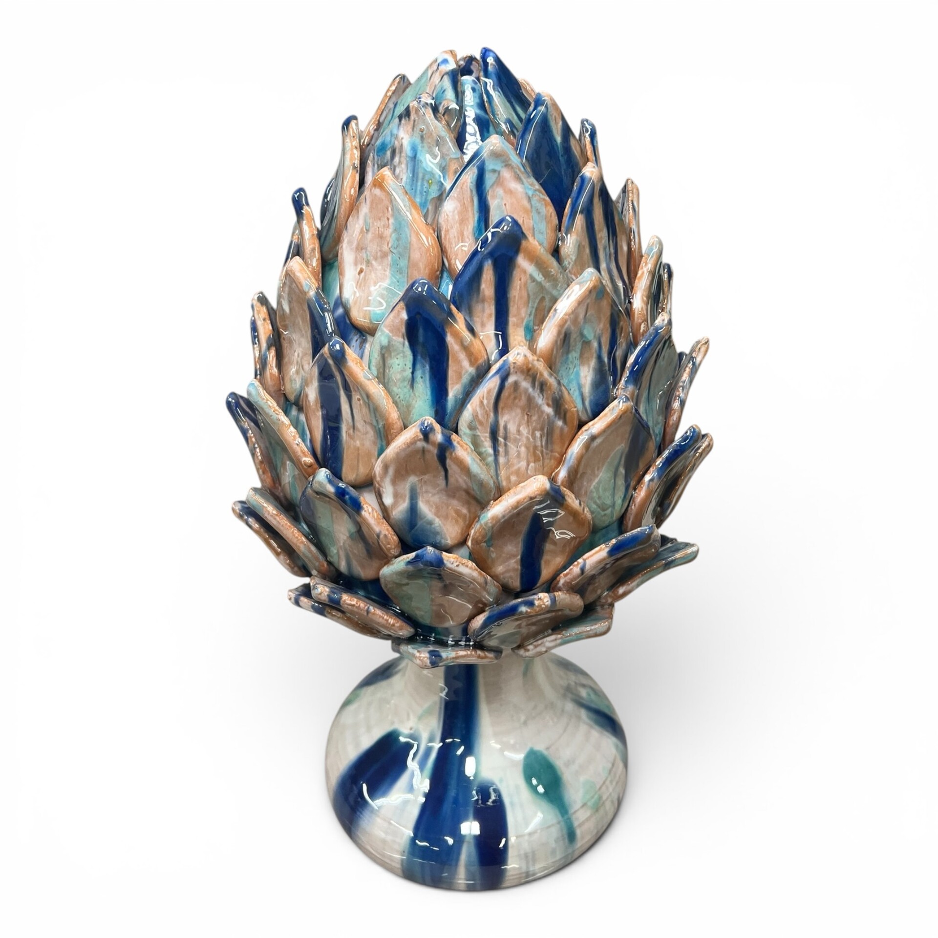 Carciofo ornamentale grande decoro blu e celeste in ceramica siciliana Produzione artigianale di Santo Stefano di Camastra h.40cm